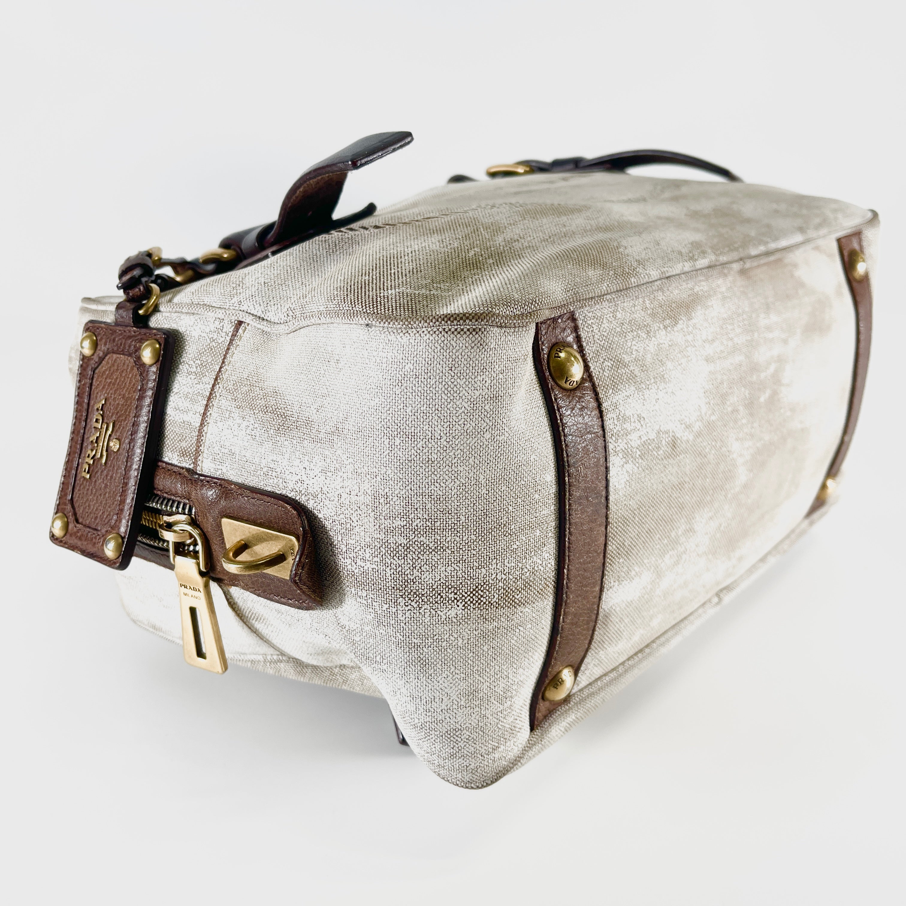 2604 secondhand PRADA Boston bag canvas white Brown