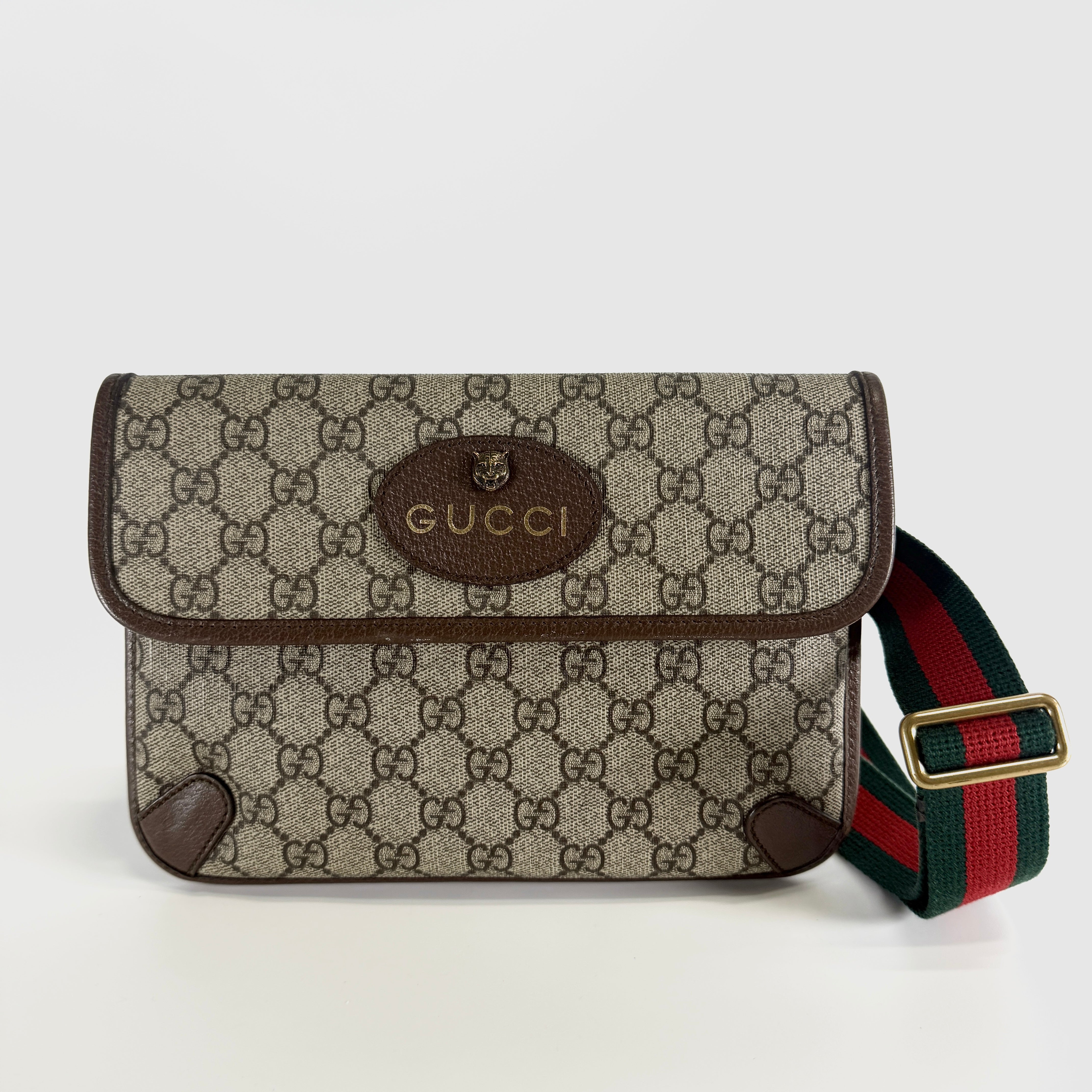 2606 secondhand GUCCI GG Supreme Tiger Head PVC× leather Waist pouch beige 493930
