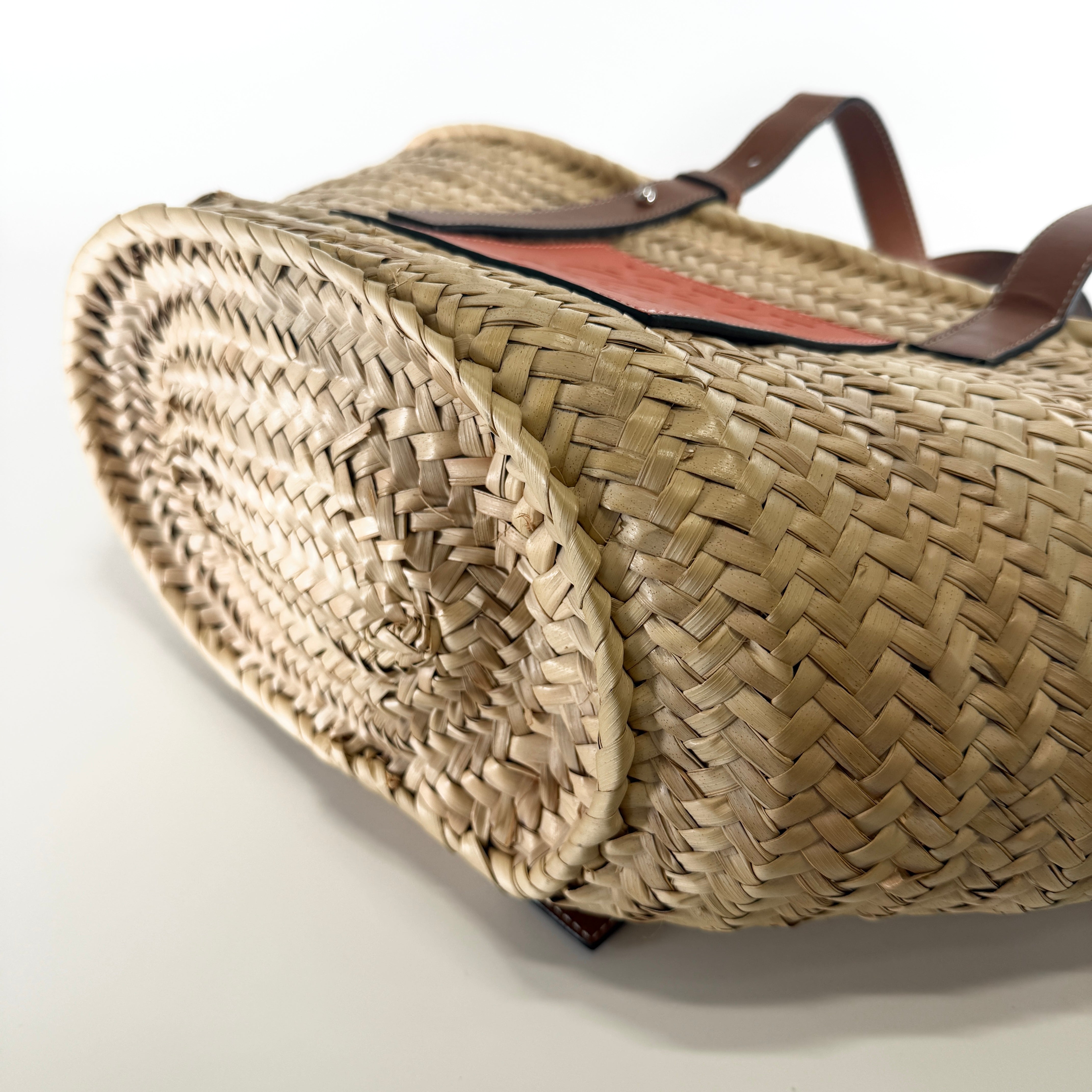 2607 secondhand LOEWE basket medium raffia × leather basket bag beige orange