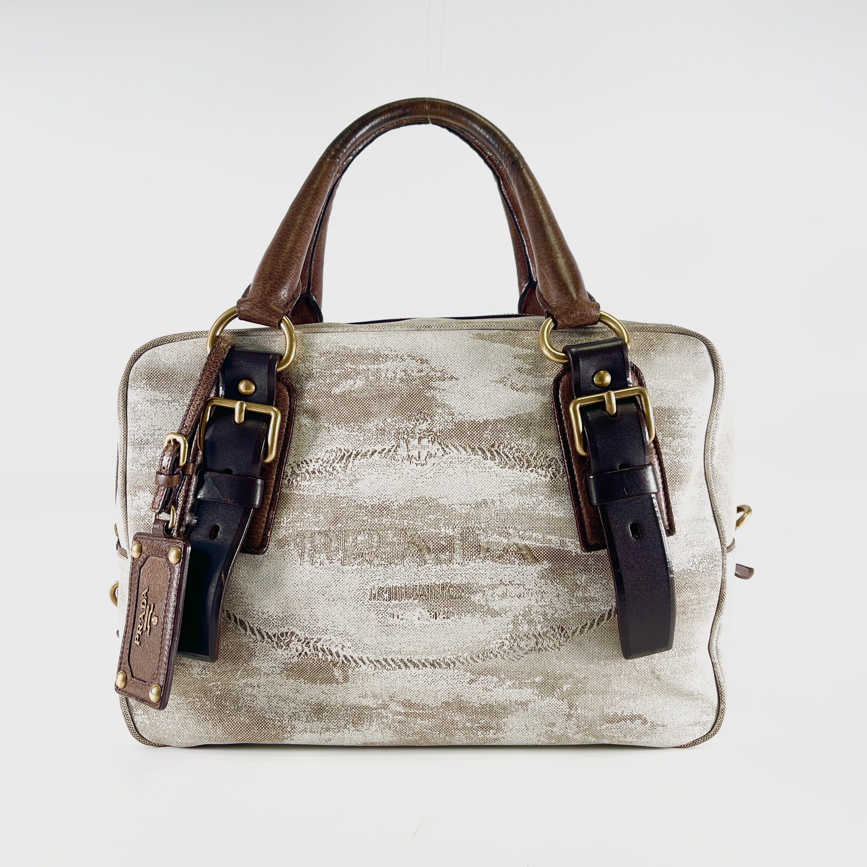 2604 secondhand PRADA Boston bag canvas white Brown