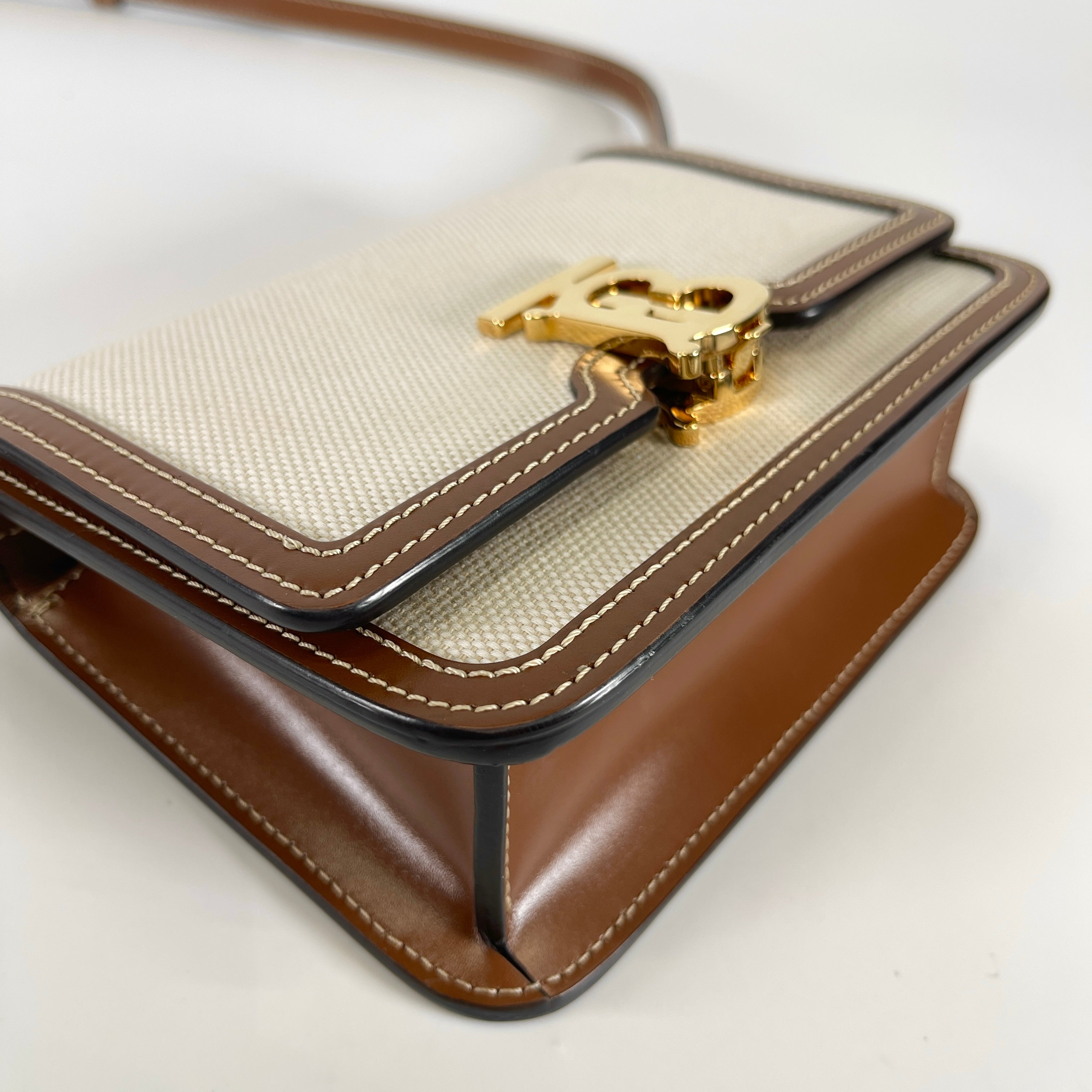 BURBERRY Small Two-Tone Canvas and Leather TB Bag