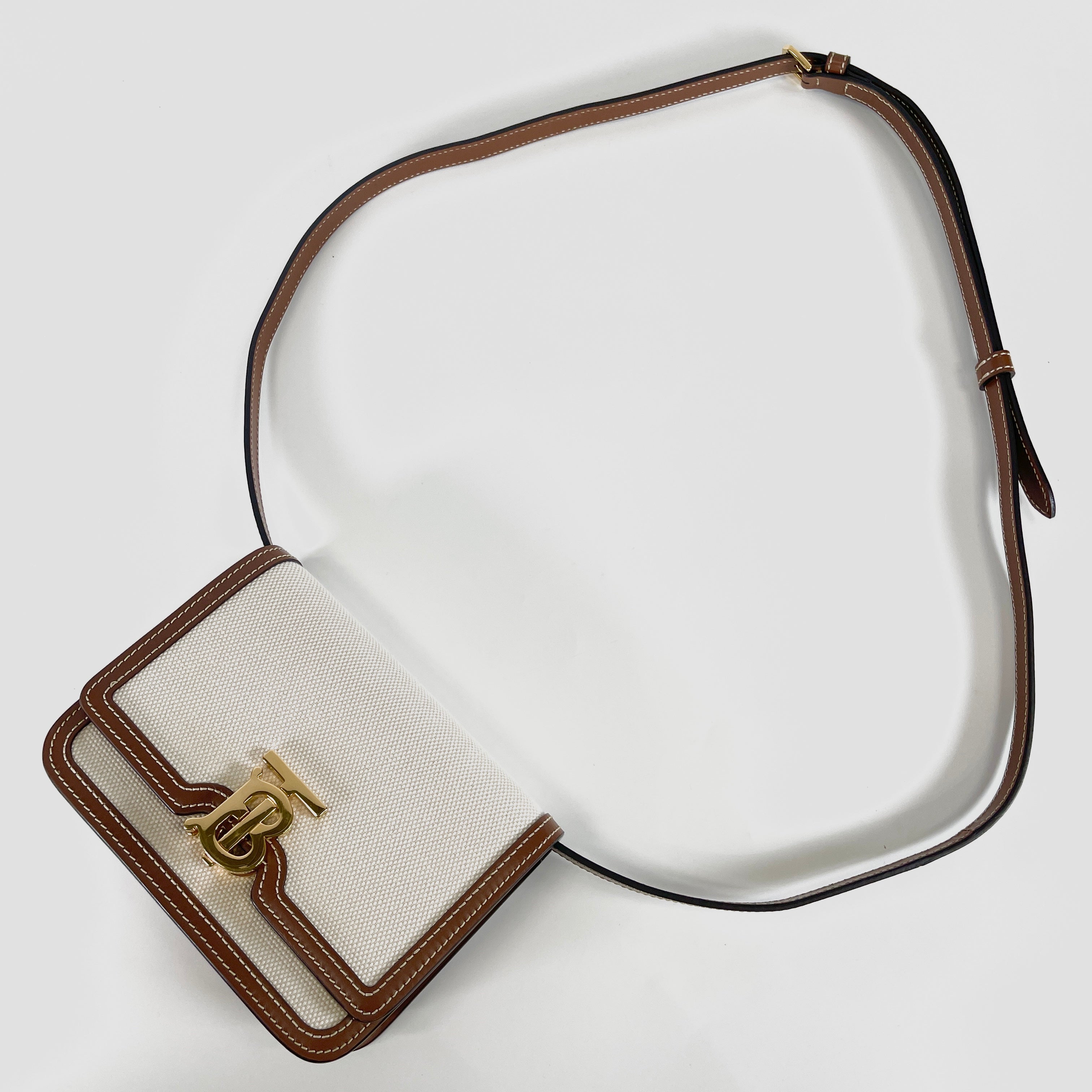 BURBERRY Small Two-Tone Canvas and Leather TB Bag