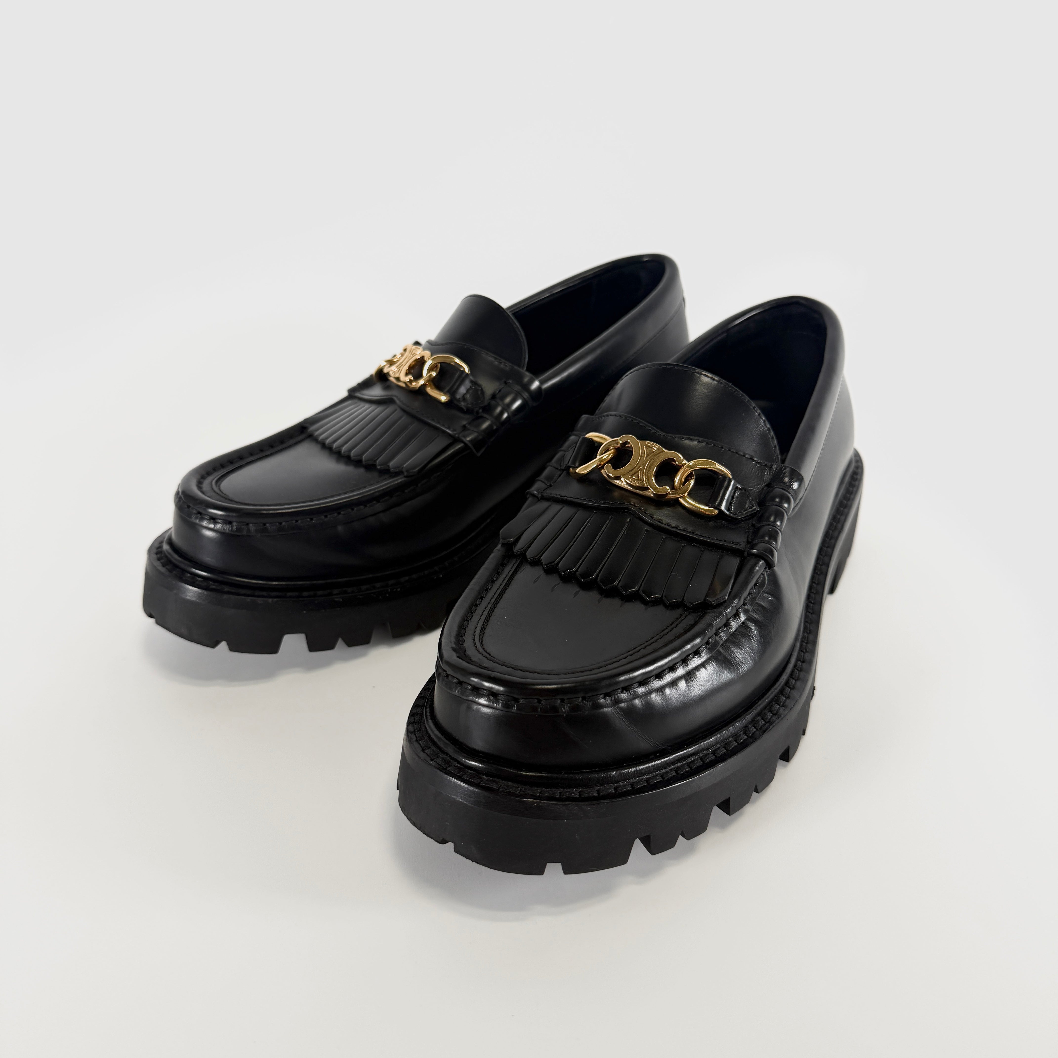 2604 secondhand CELINE Galle De leather Loafers 36 Women's black DE1202 Triomphe chain fringe rubber insole