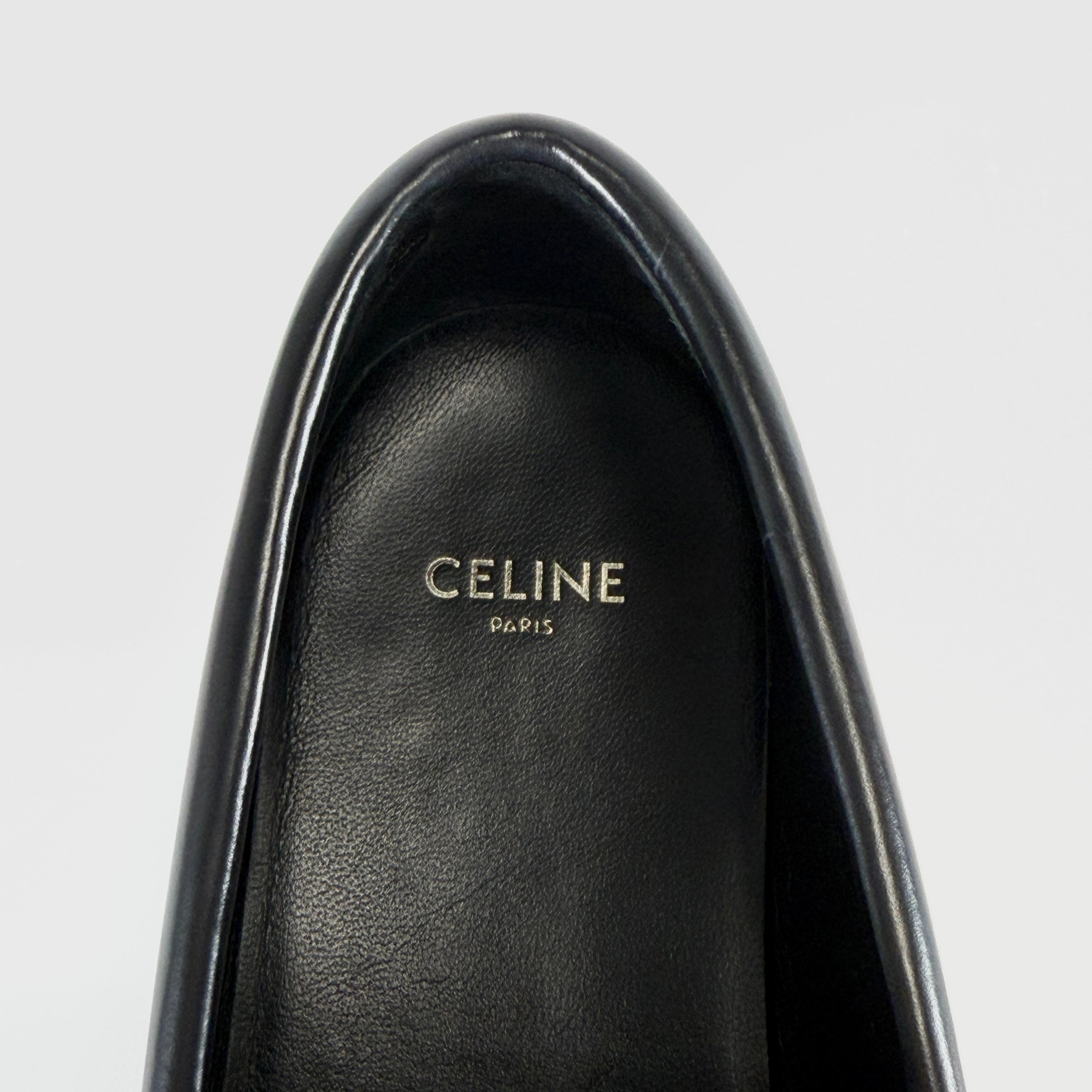 2604 secondhand CELINE Galle De leather Loafers 36 Women's black DE1202 Triomphe chain fringe rubber insole
