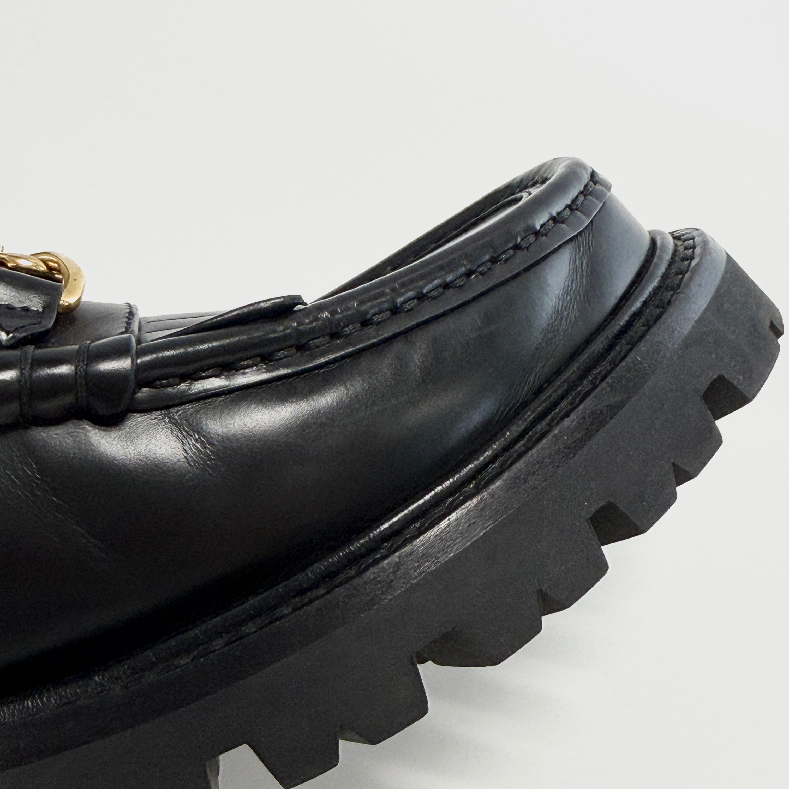 2604 secondhand CELINE Galle De leather Loafers 36 Women's black DE1202 Triomphe chain fringe rubber insole