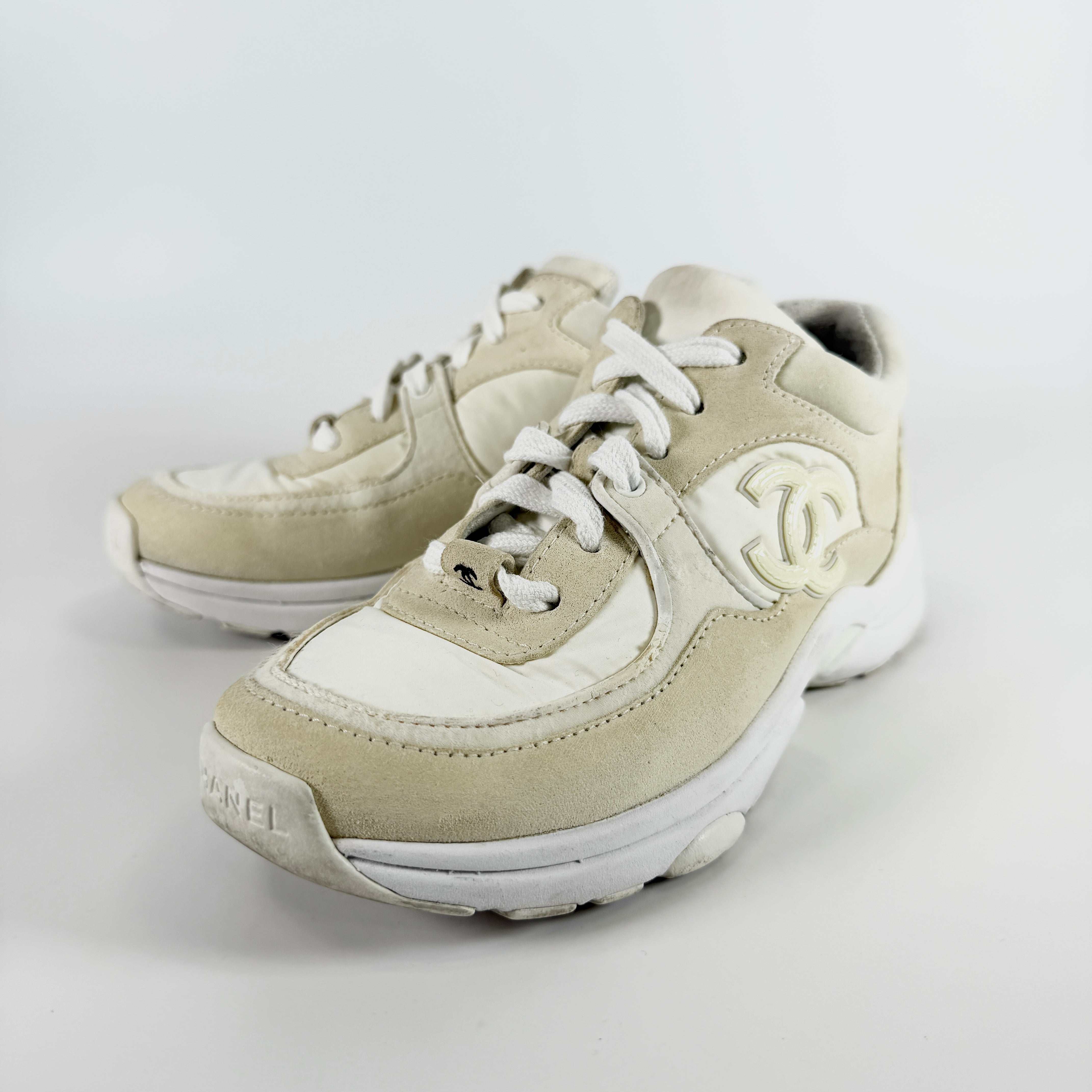 2605 secondhand CHANEL Cocomark suede × fabric sneakers 35 Women's ivory G34360