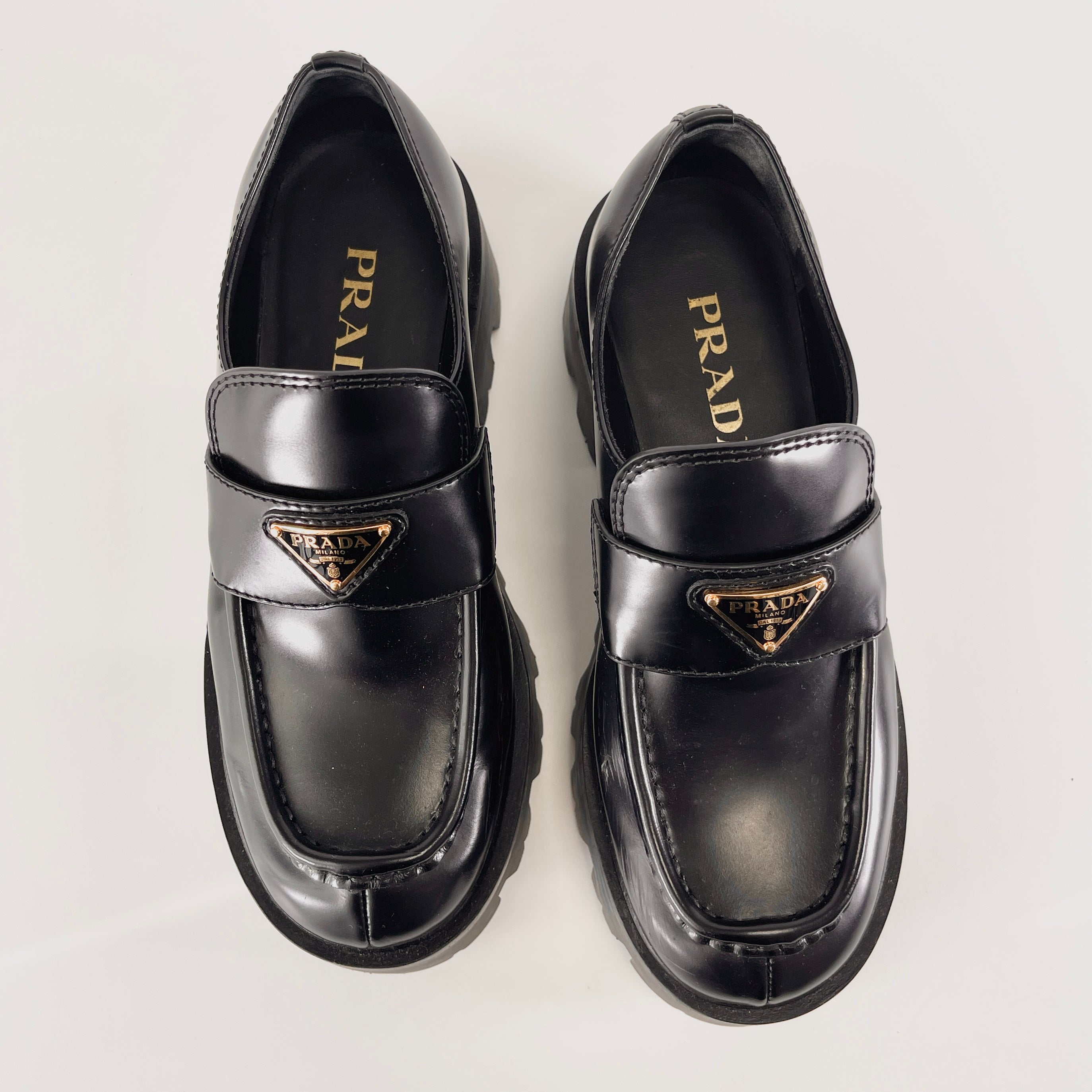 2604 secondhand PRADA mono leather Loafers 35 Women's black 185 Triangle Logo