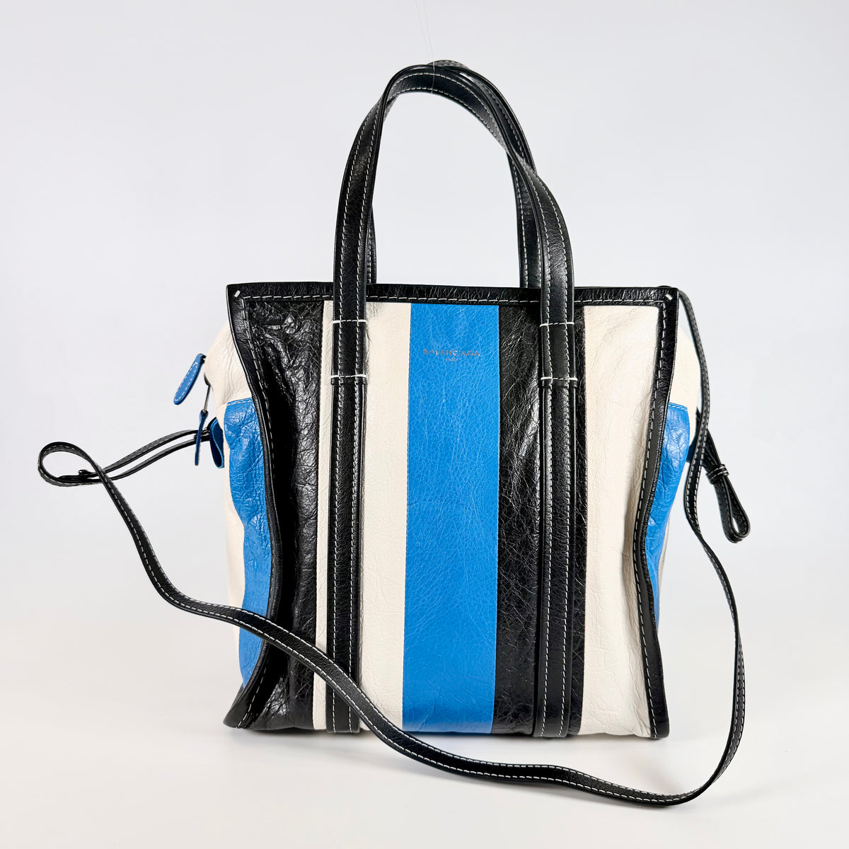 2608 secondhand BALENCIAGA Bazaar 2WAY Shopper leather white blue black