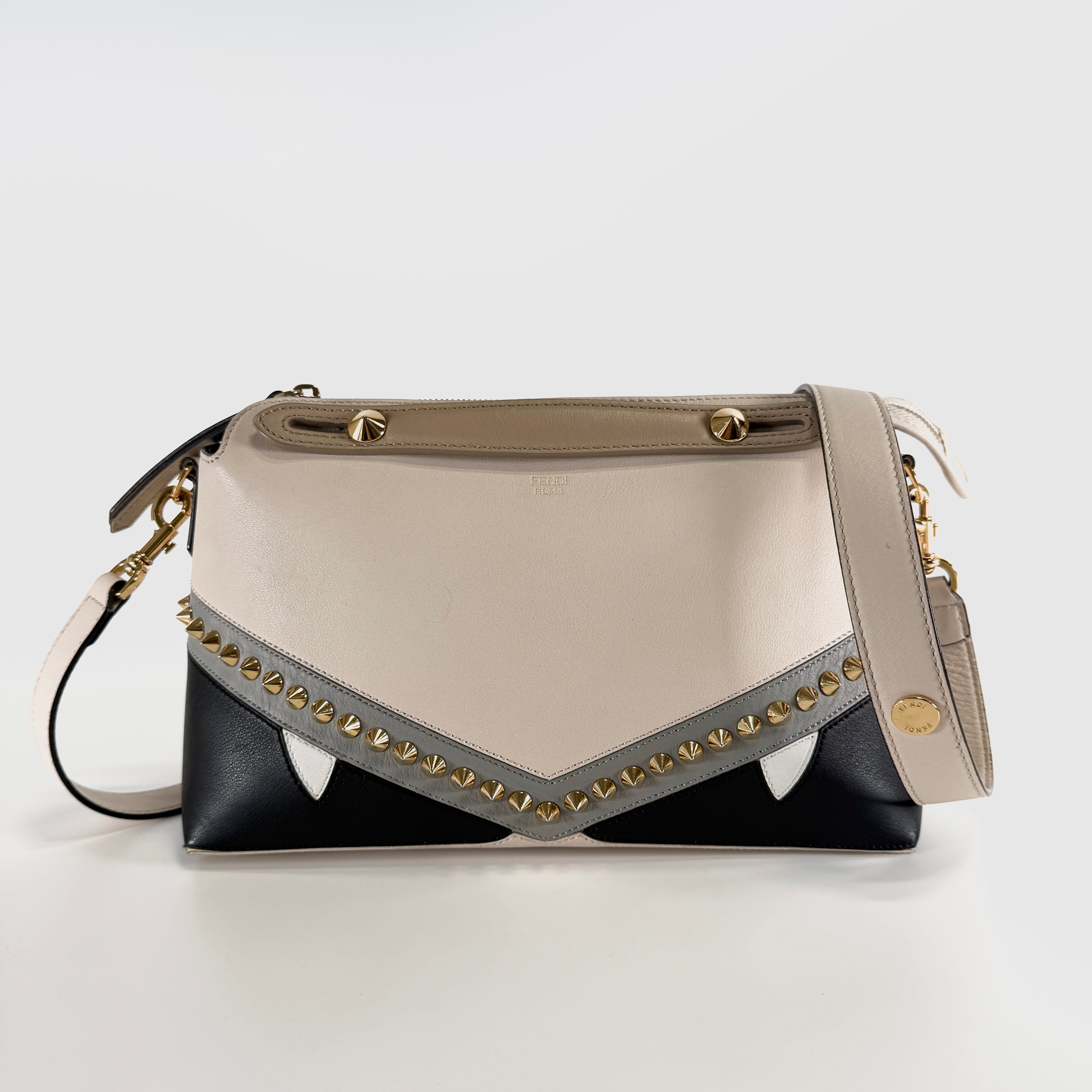 2605 secondhand FENDI By the Way medium leather × studs 2WAY hand bag beige black 8BL124