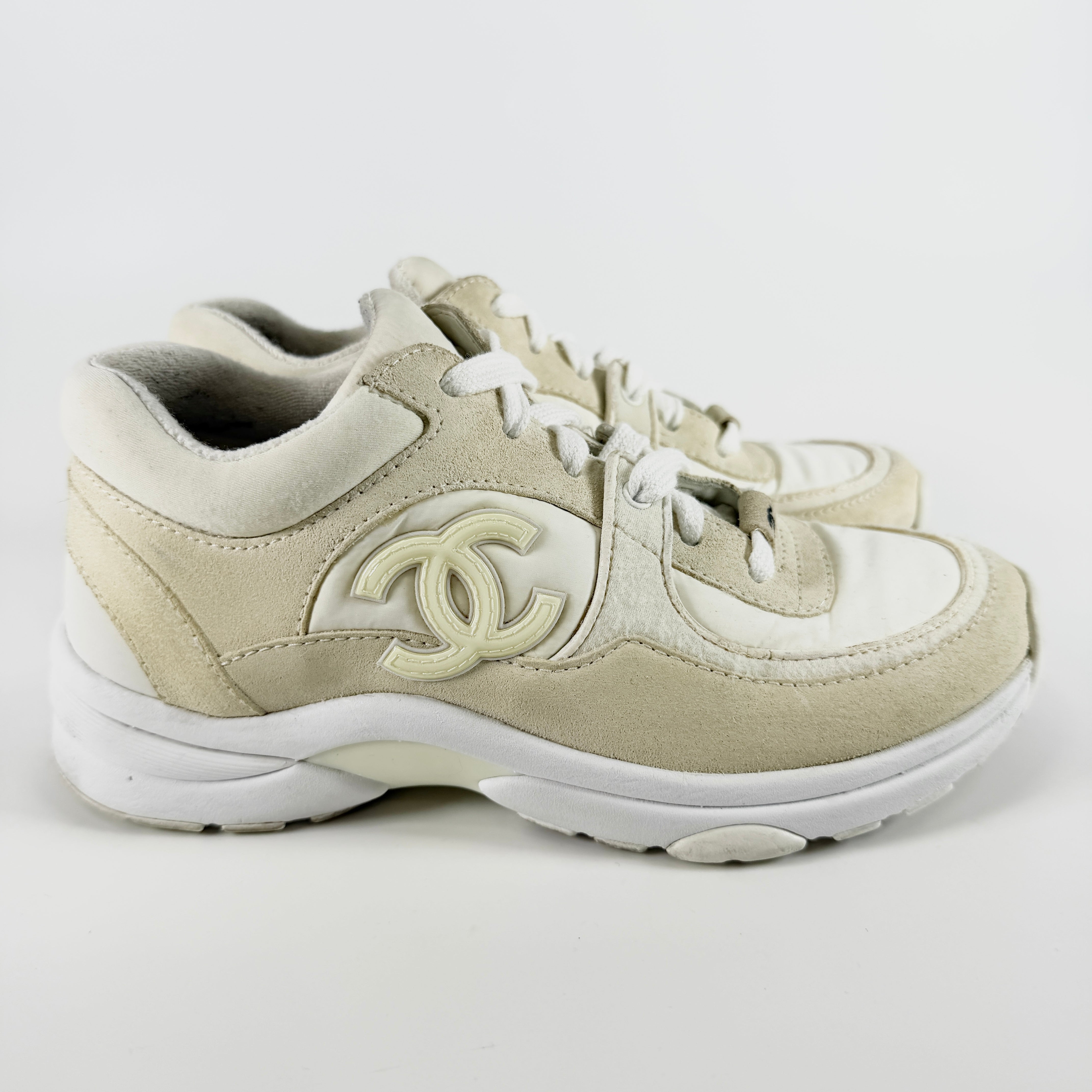 2605 secondhand CHANEL Cocomark suede × fabric sneakers 35 Women's ivory G34360