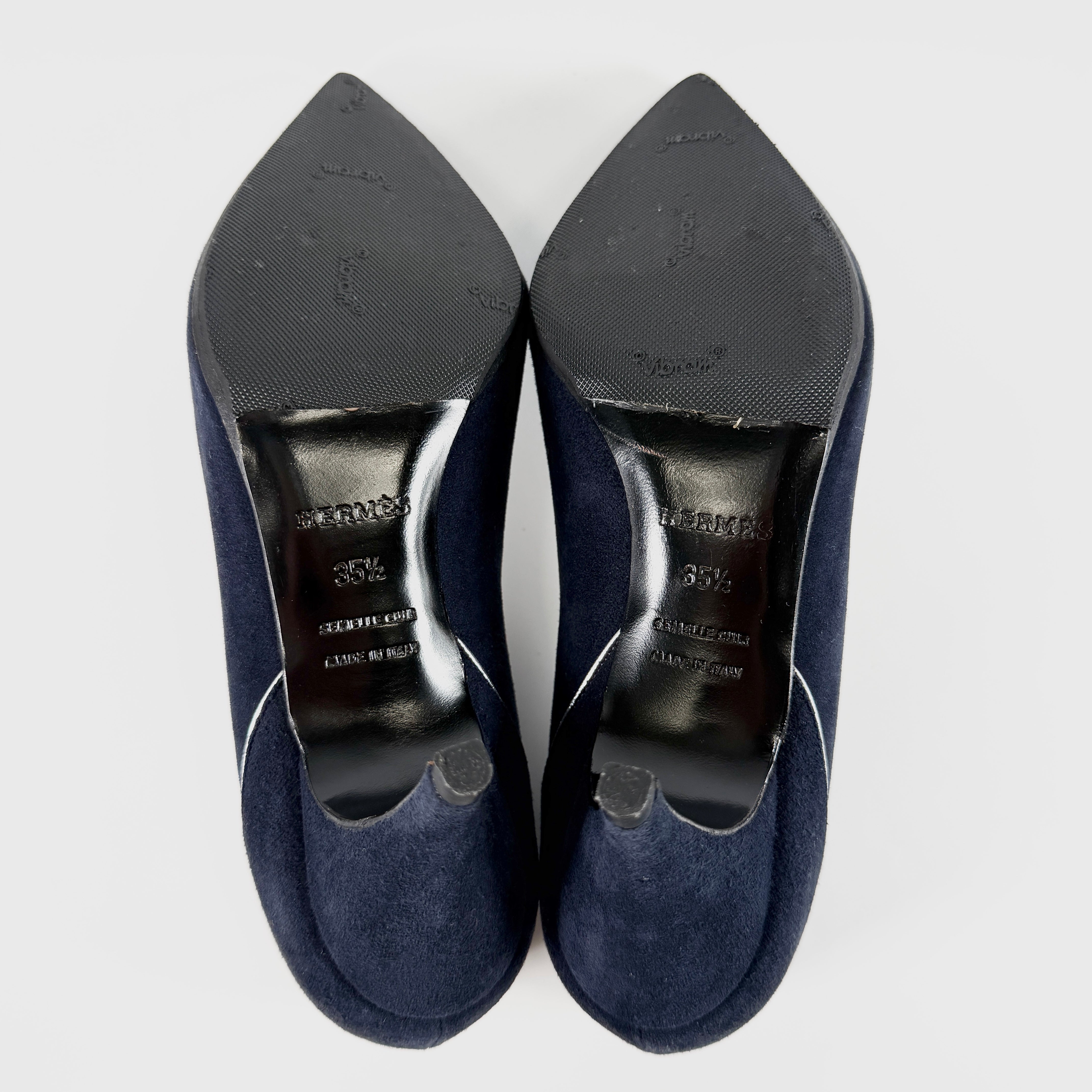 2605 secondhand HERMES leather × suede pumps 35.5 Women's Navy Silver