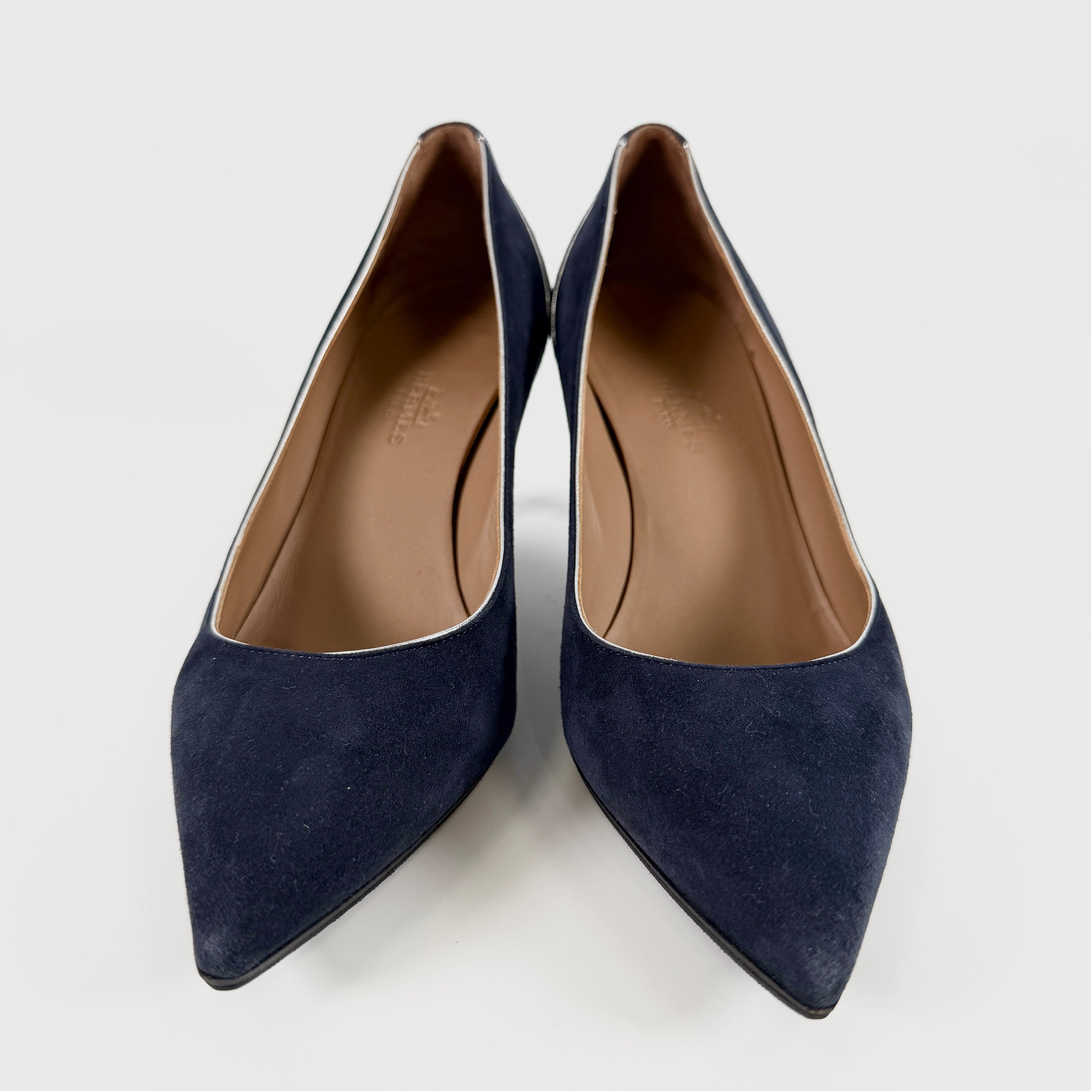 2605 secondhand HERMES leather × suede pumps 35.5 Women's Navy Silver
