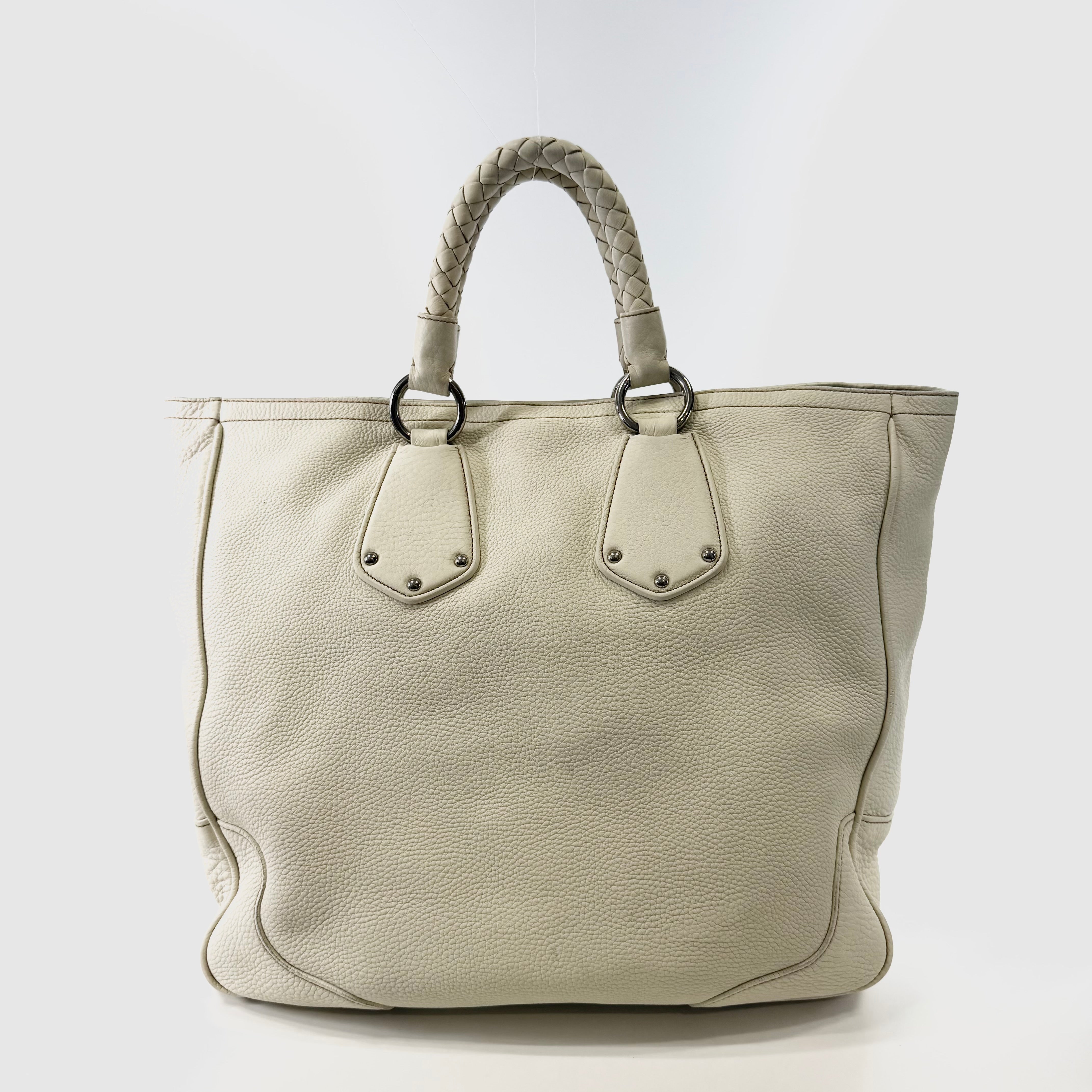 2608 secondhand PRADA Tote Bag leather ivory shoulder strap / Name tag B