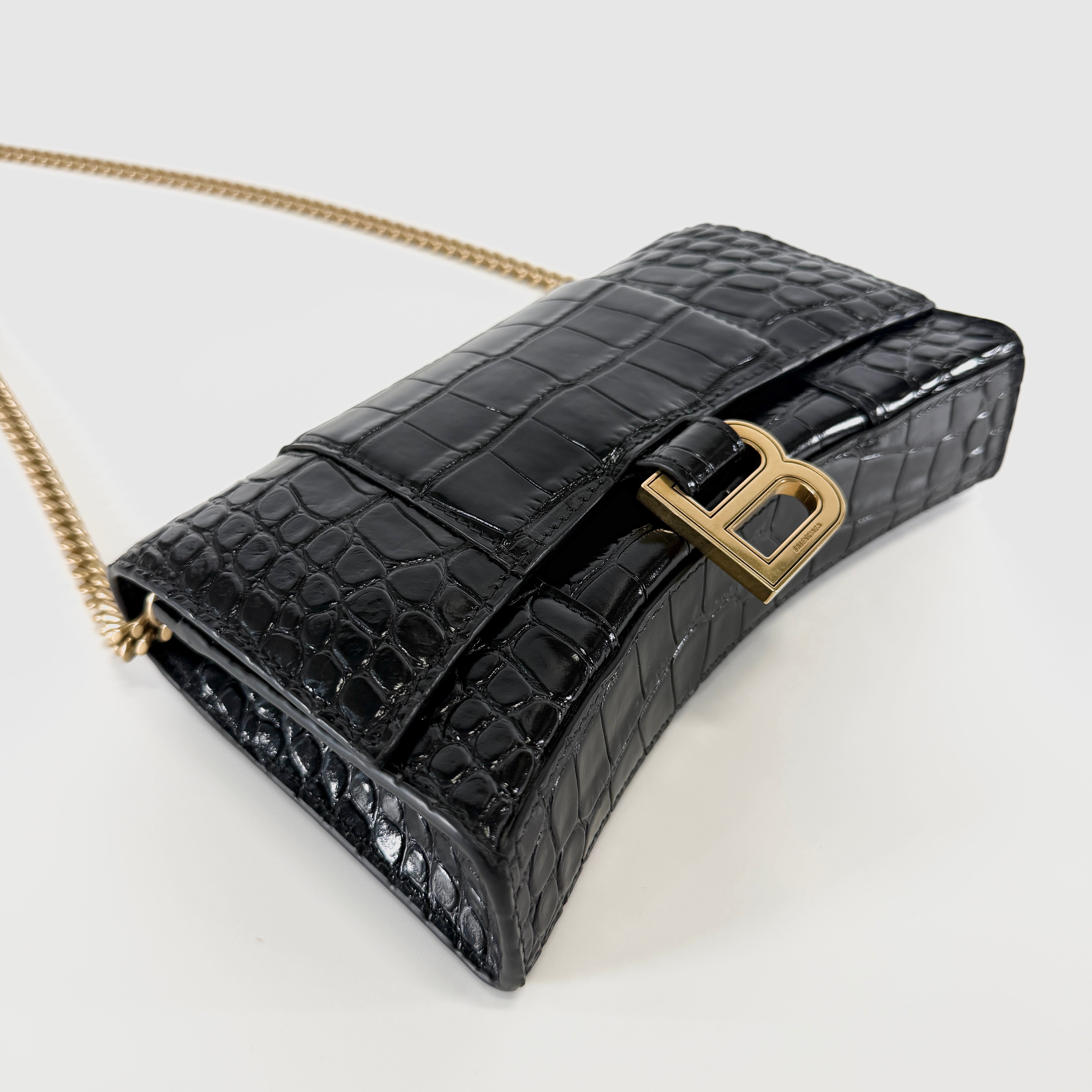 2607 secondhand BALENCIAGA Hourglass Crocodile Embossed Chain Wallet black 656050