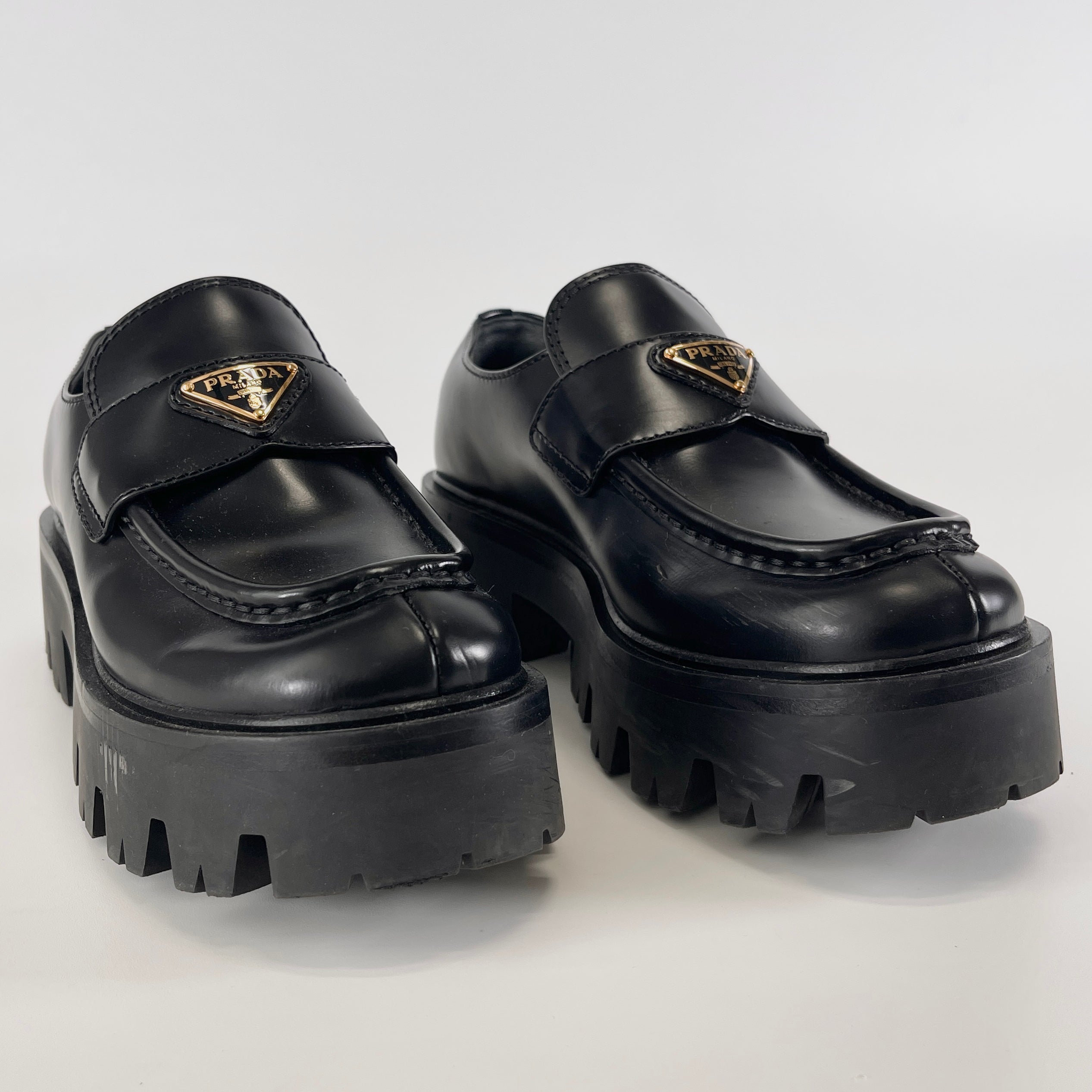 2604 secondhand PRADA mono leather Loafers 35 Women's black 185 Triangle Logo