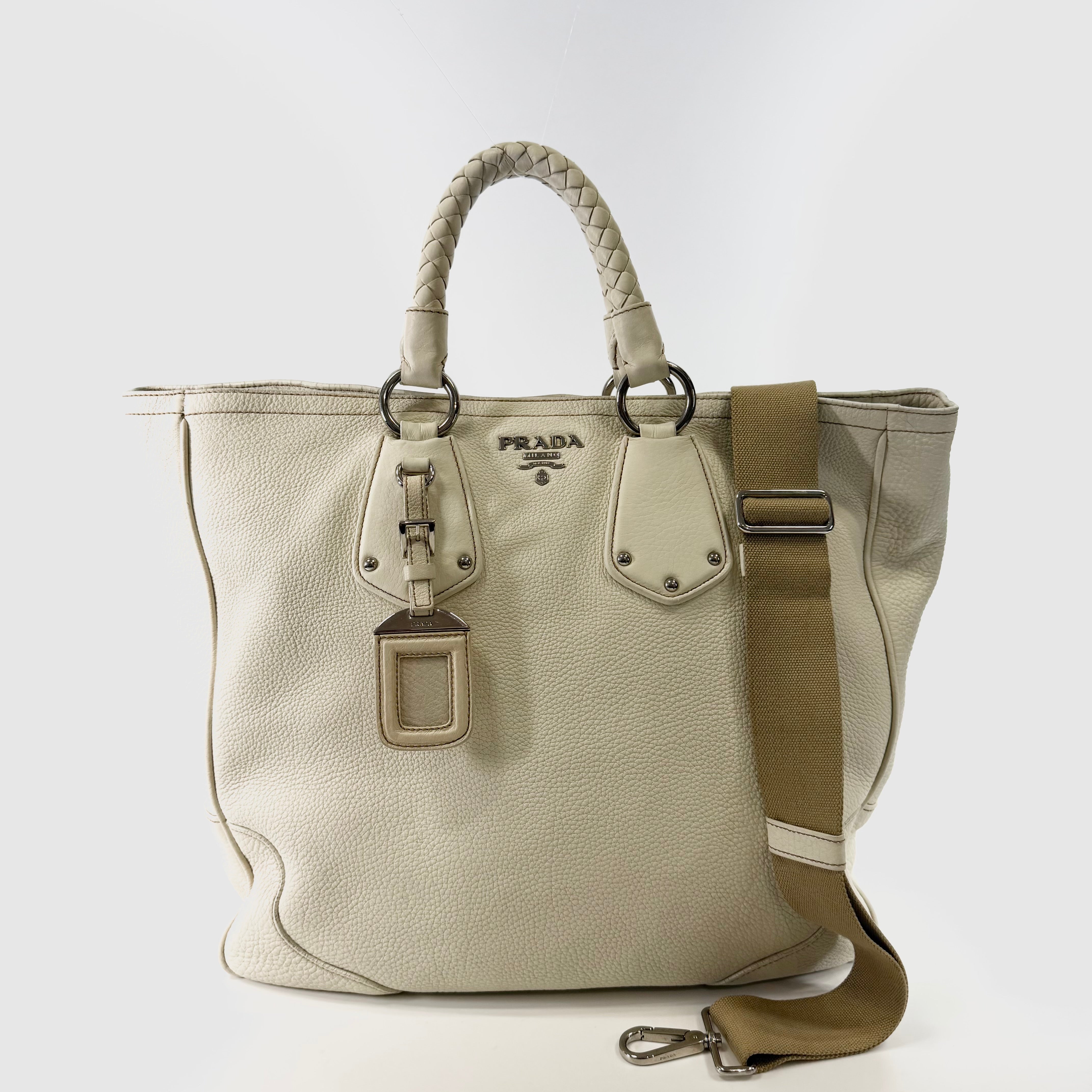 2608 secondhand PRADA Tote Bag leather ivory shoulder strap / Name tag B