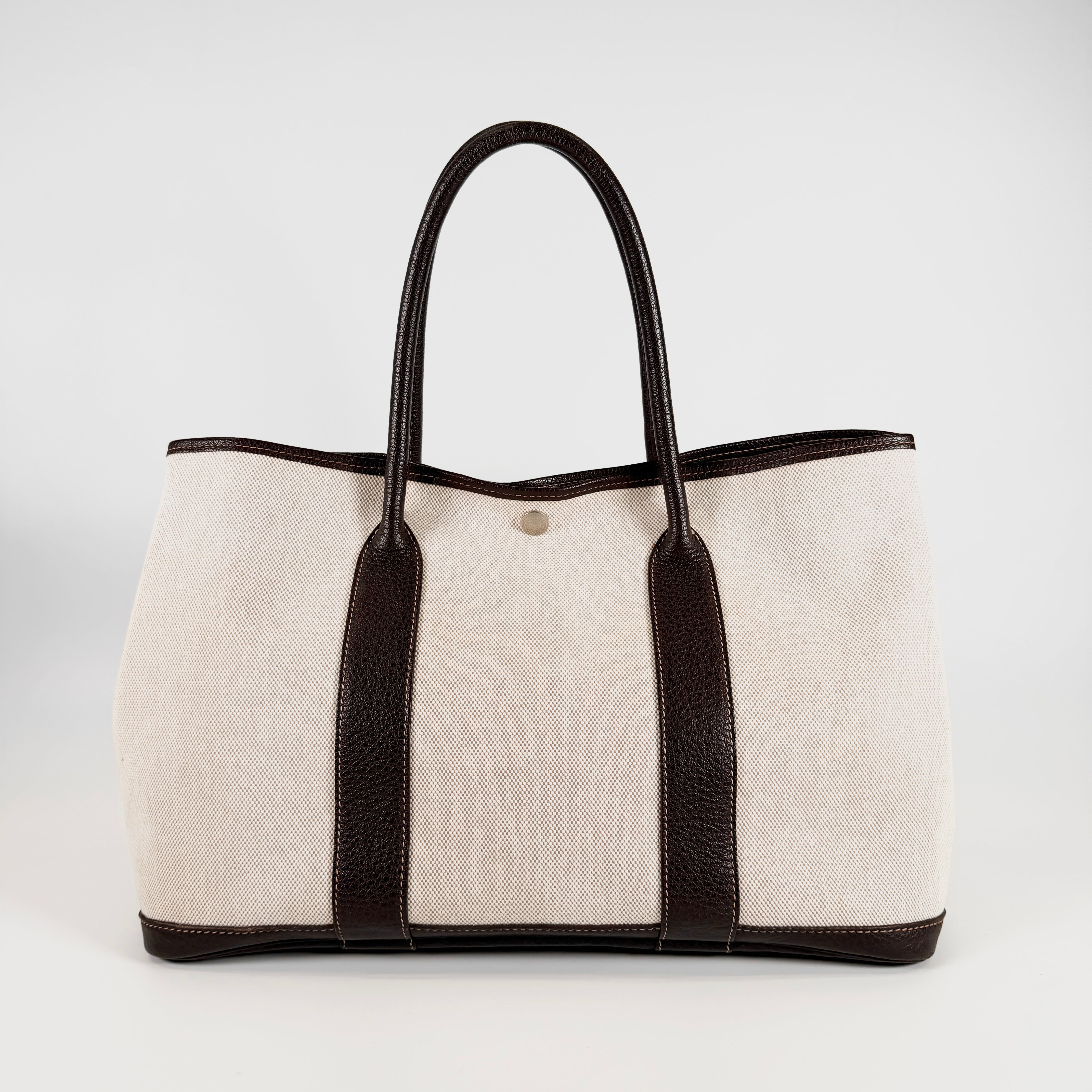 2606 secondhand HERMES Toile H / leather Garden Party PM Brown □G time Silver metal fittings