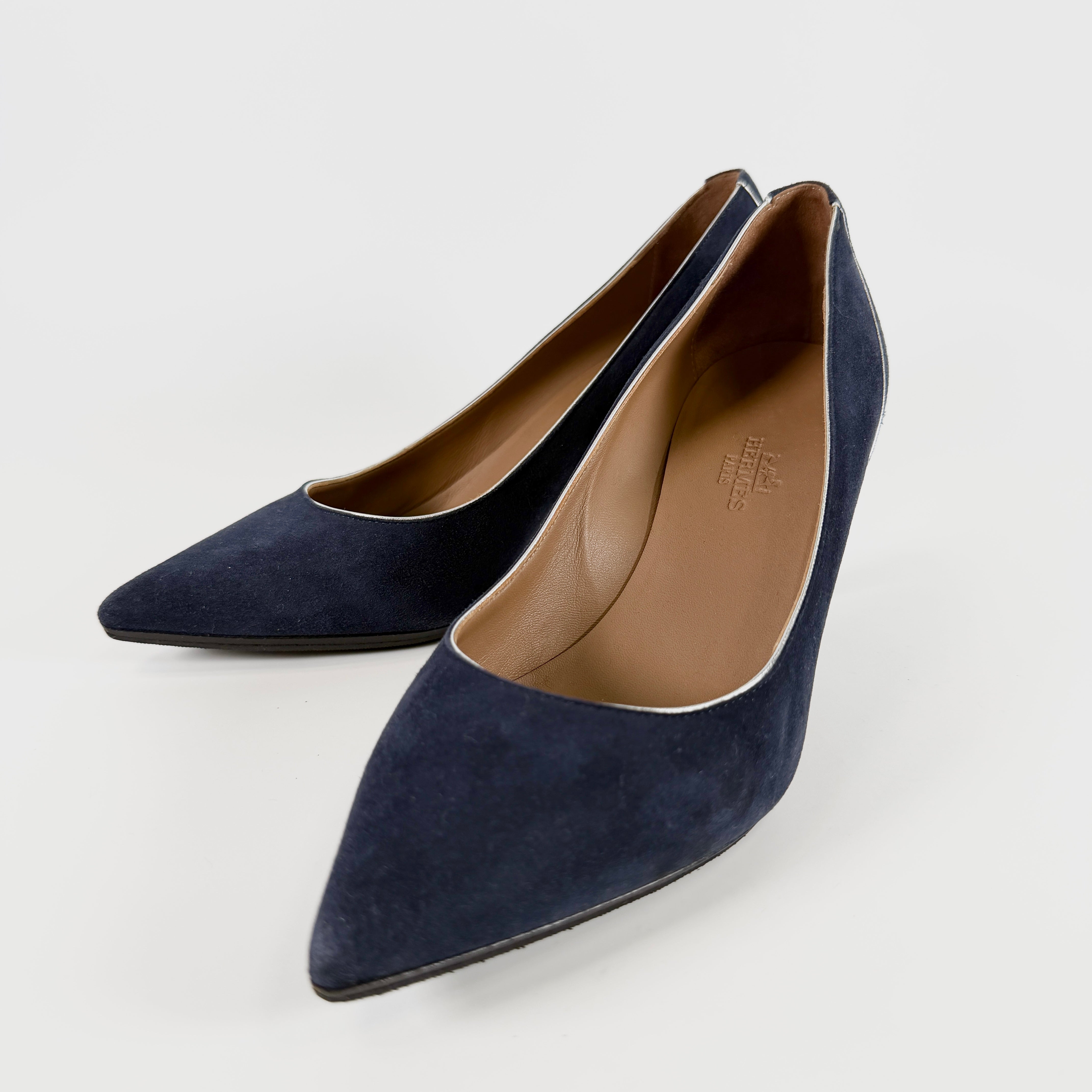 2605 secondhand HERMES leather × suede pumps 35.5 Women's Navy Silver