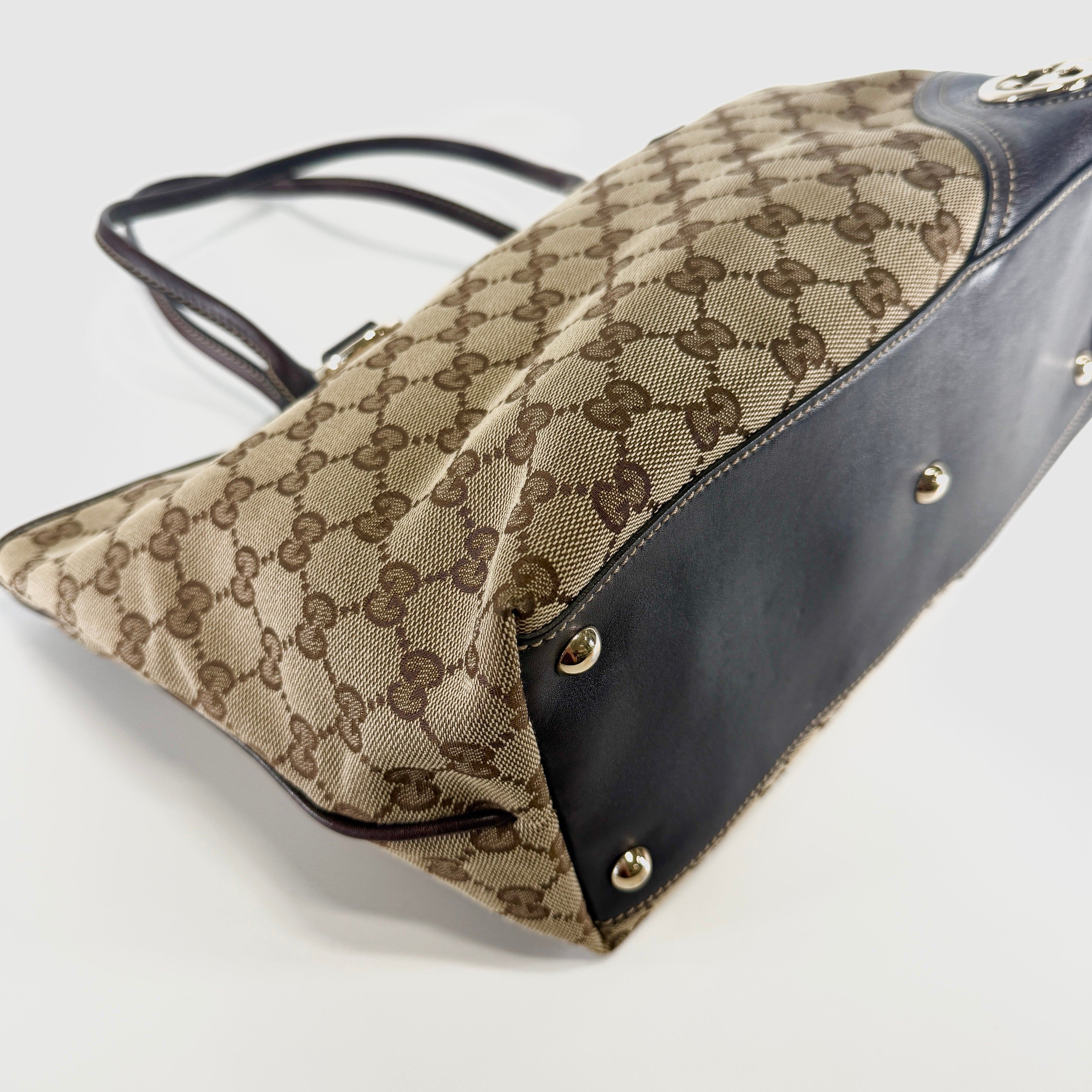2606 secondhand GUCCI GG canvas canvas × leather Tote Bag beige Brown 169946