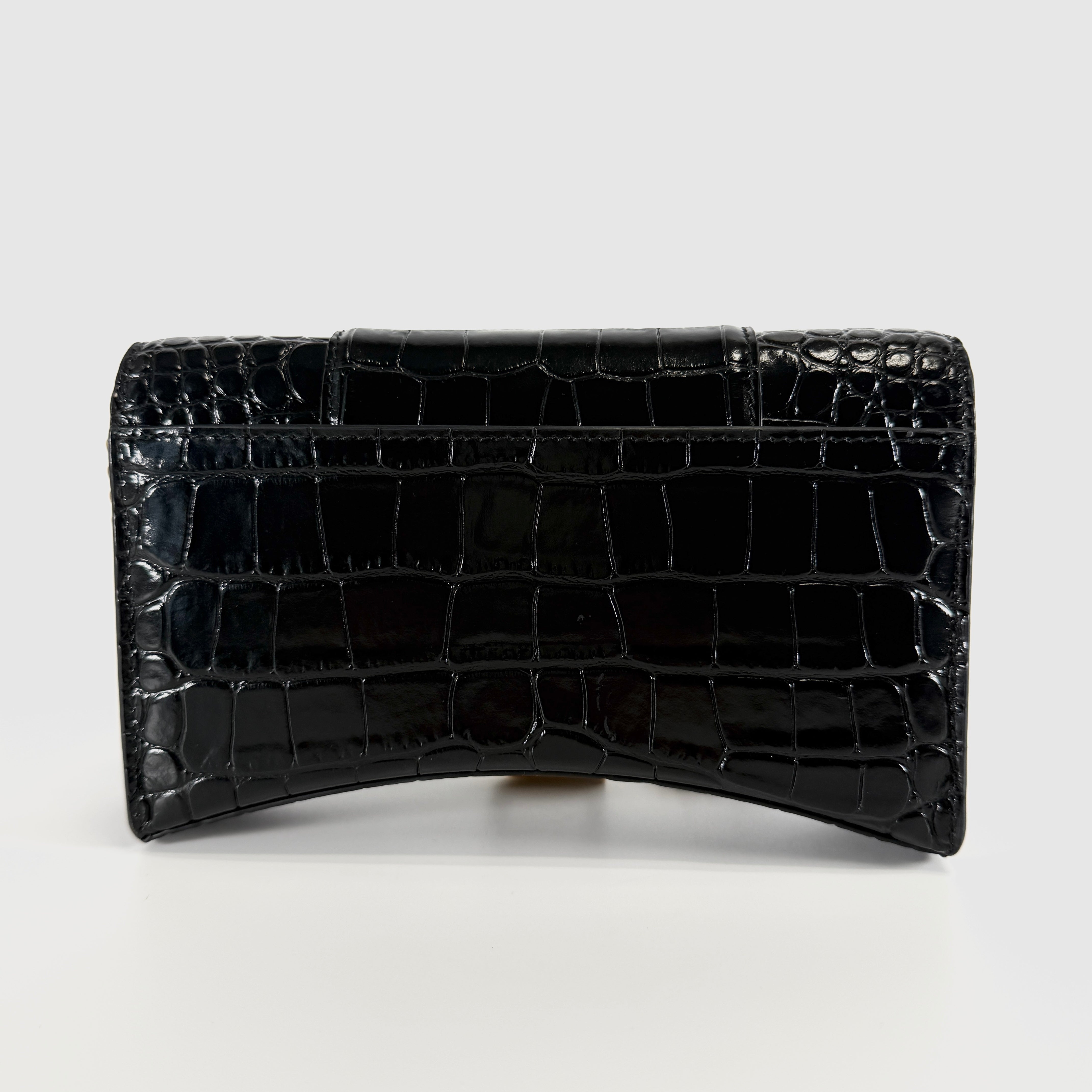 2607 secondhand BALENCIAGA Hourglass Crocodile Embossed Chain Wallet black 656050