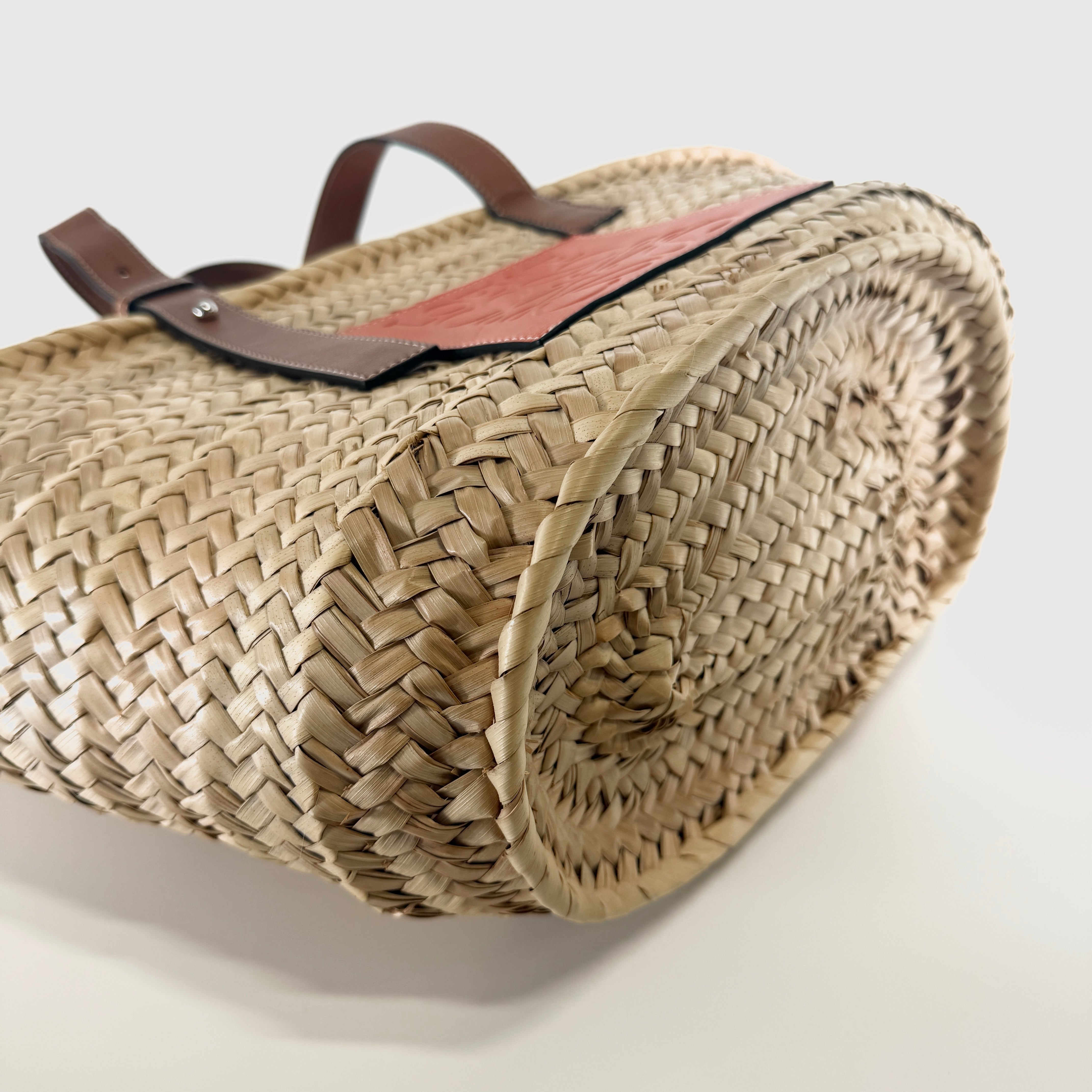 2607 secondhand LOEWE basket medium raffia × leather basket bag beige orange