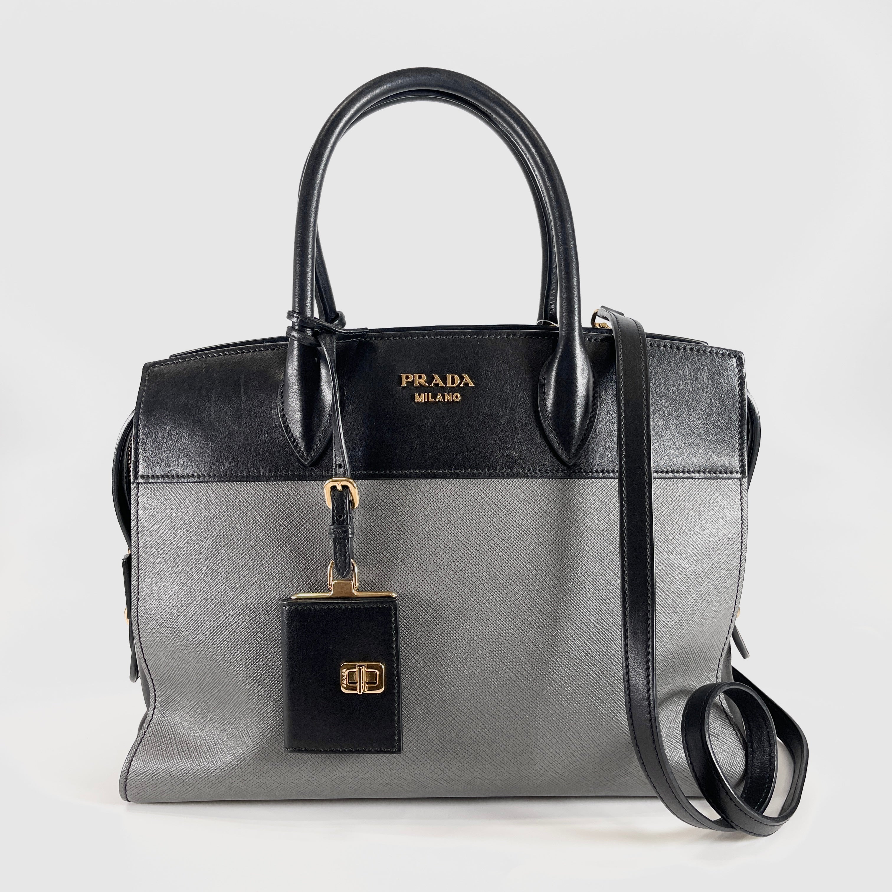 2604 secondhand PRADA hand bag gold Saffiano black gray