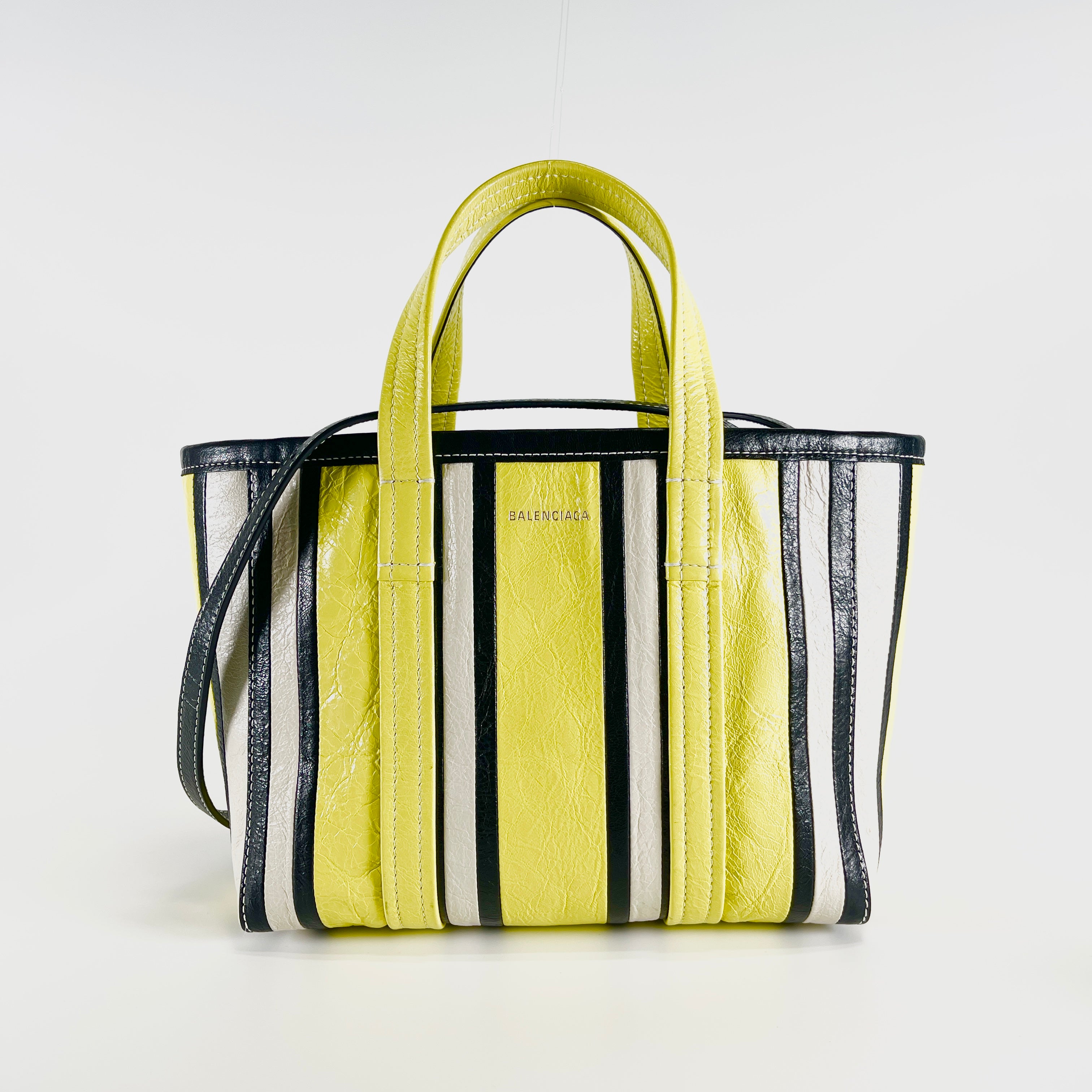2605 secondhand BALENCIAGA stripe Bazaar Shopper Yellow