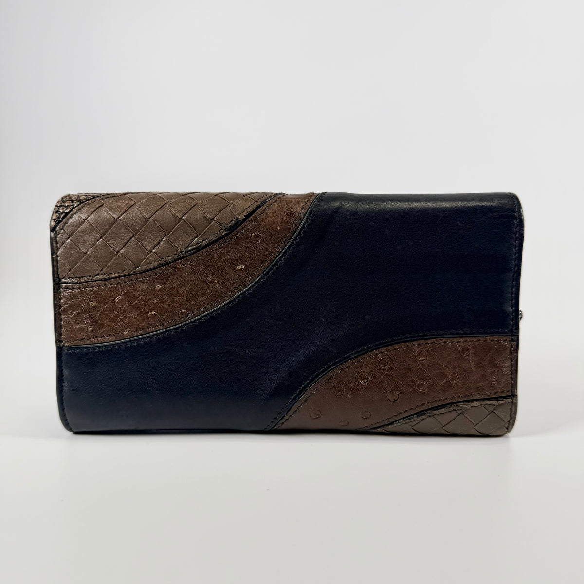 2607 secondhand BOTTEGAVENETA leather × Ostrich Long Wallet black beige