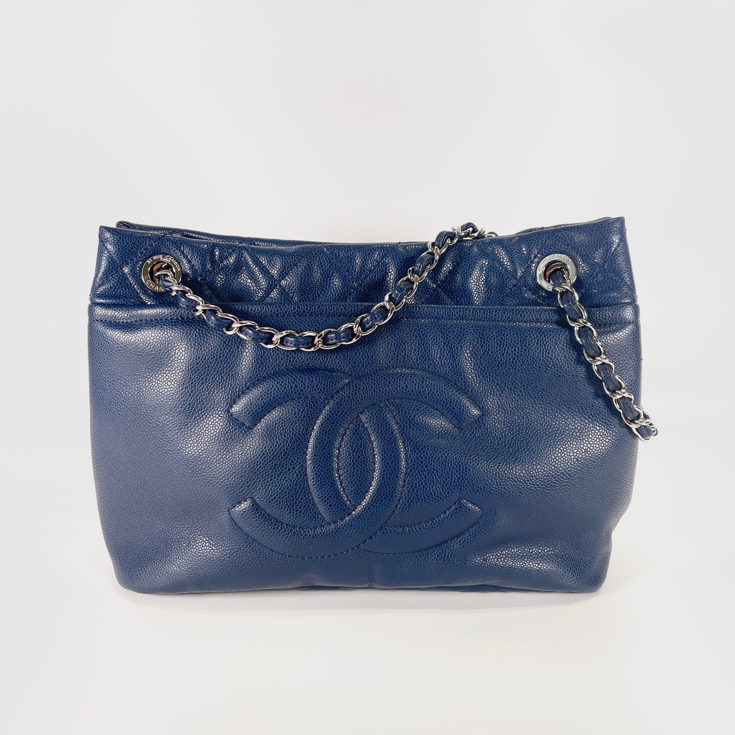 2604 secondhand CHANEL Matelasse caviar skin chain Tote Bag blue Silver metal fittings 13835764 13
