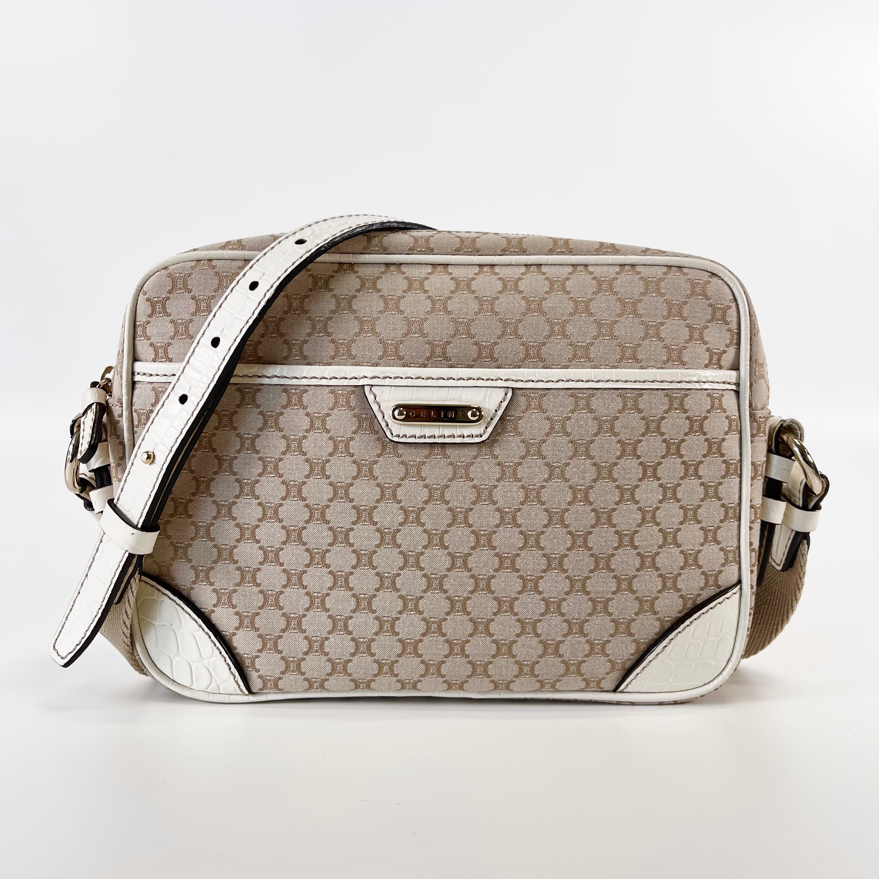 2602 secondhand CELINE Macadam canvas x Crocodile Embossed Shoulder bag beige