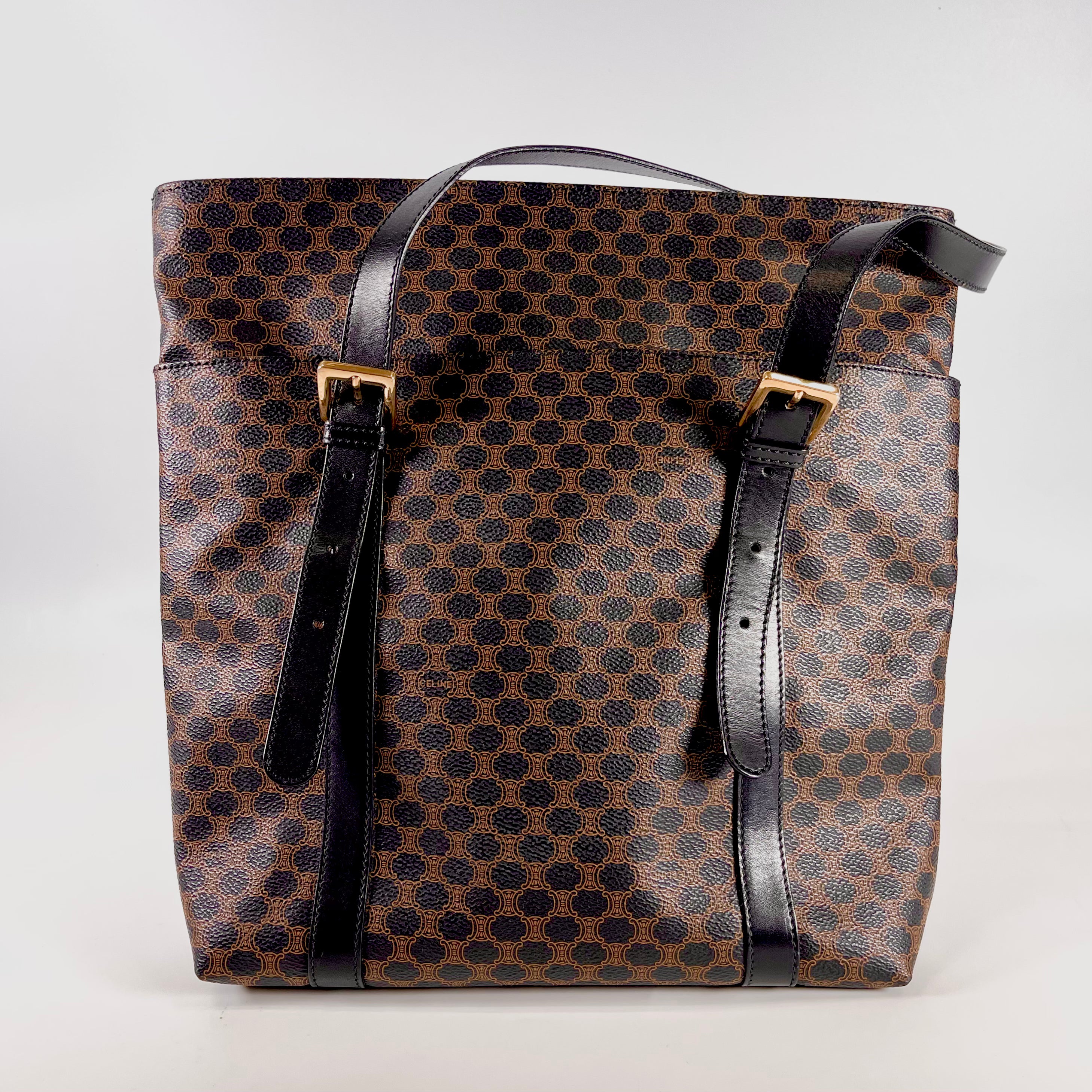 2601 secondhand CELINE Macadam PVCx leather Tote Bag black x Brown