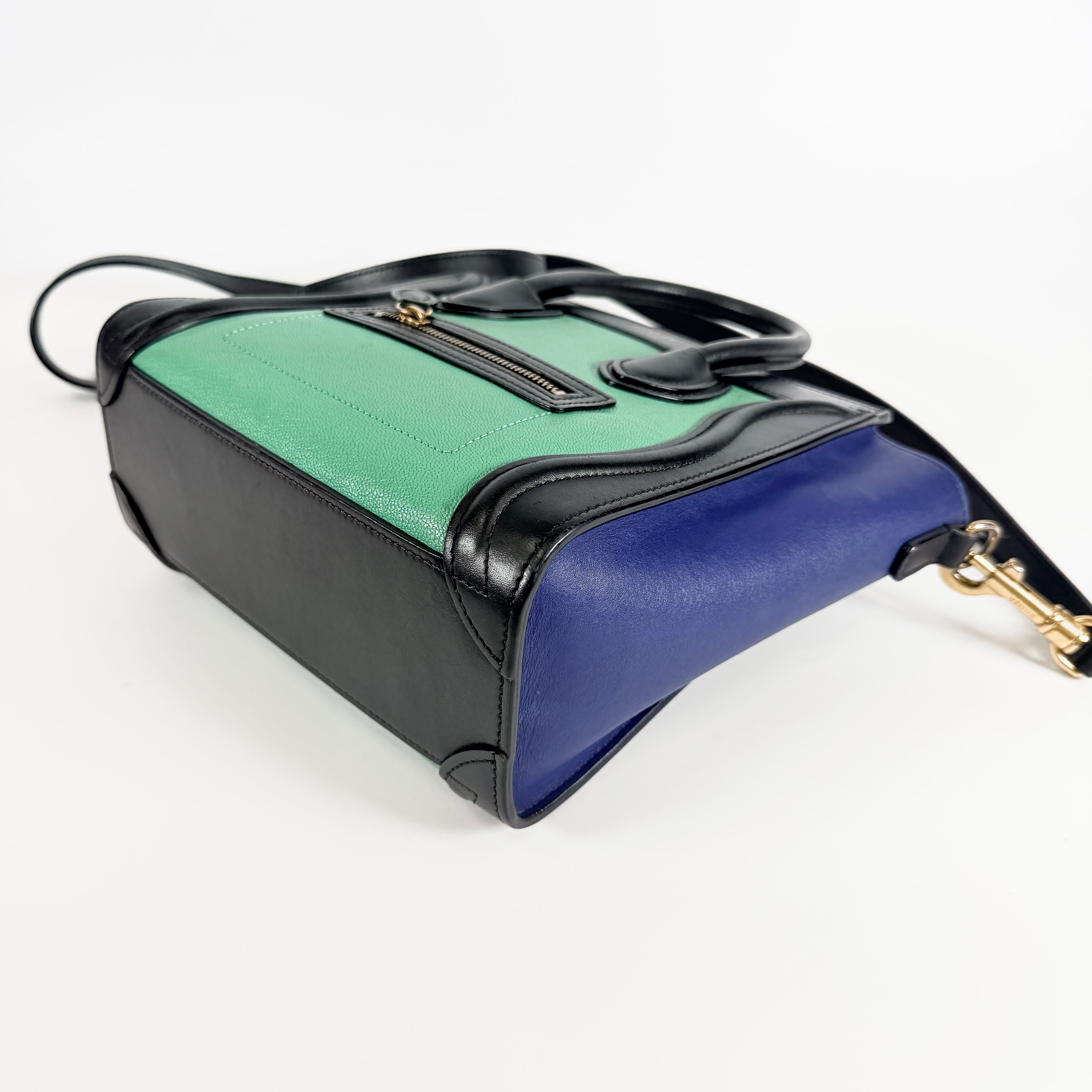 2606 secondhand CELINE leather Luggage Nano Shopper black blue green