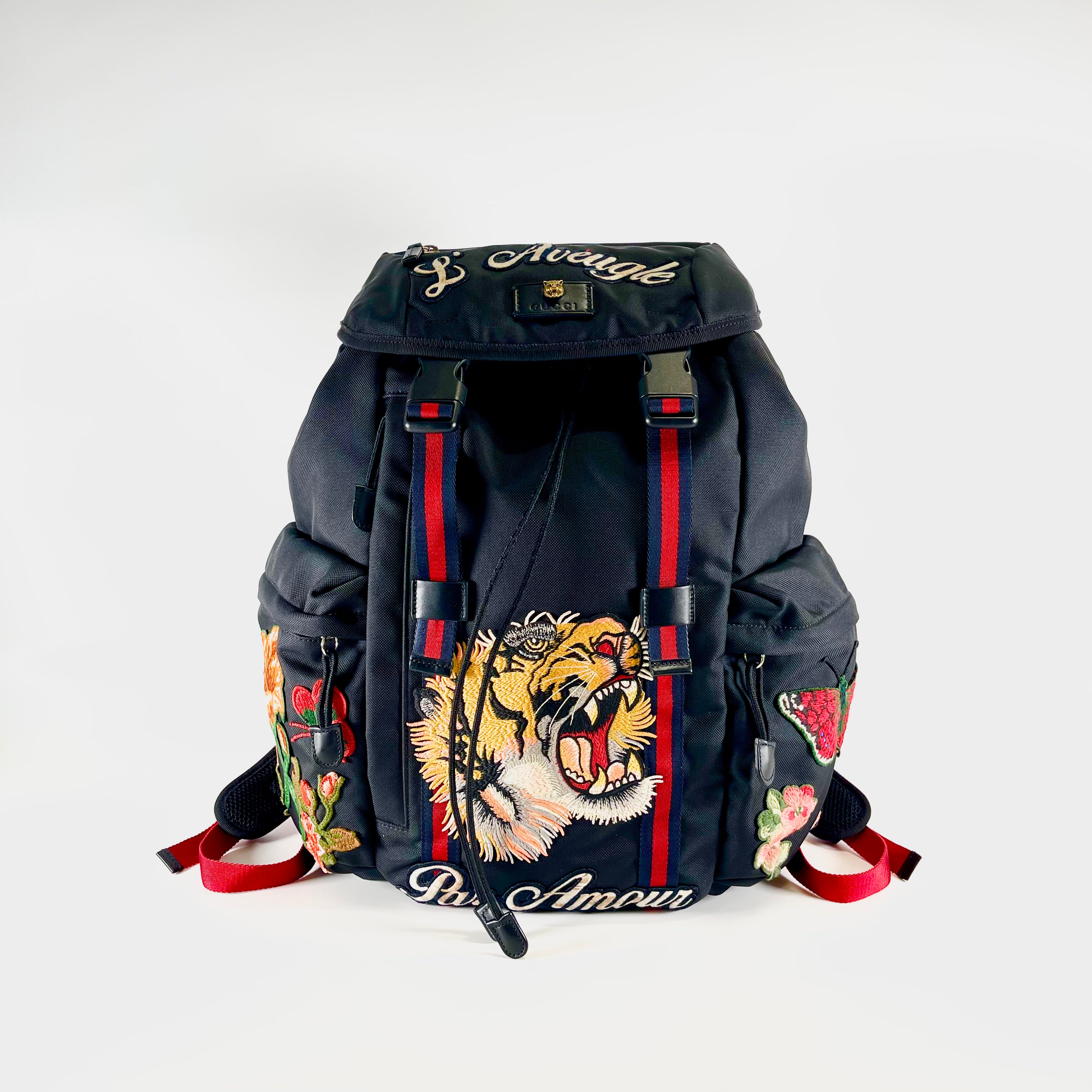 2601 secondhand GUCCI Embroidery Tiger Head backpack 429037 nylon black