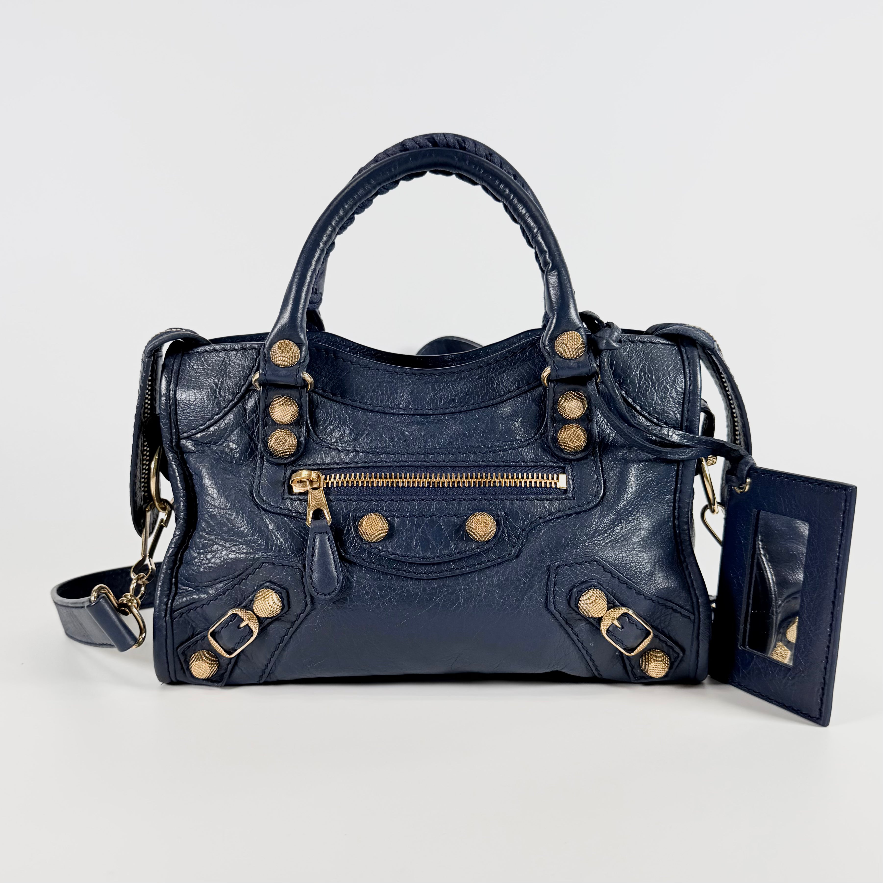 2608 secondhand BALENCIAGA Giant mini City leather 2WAY hand bag Navy 309544 mirror With