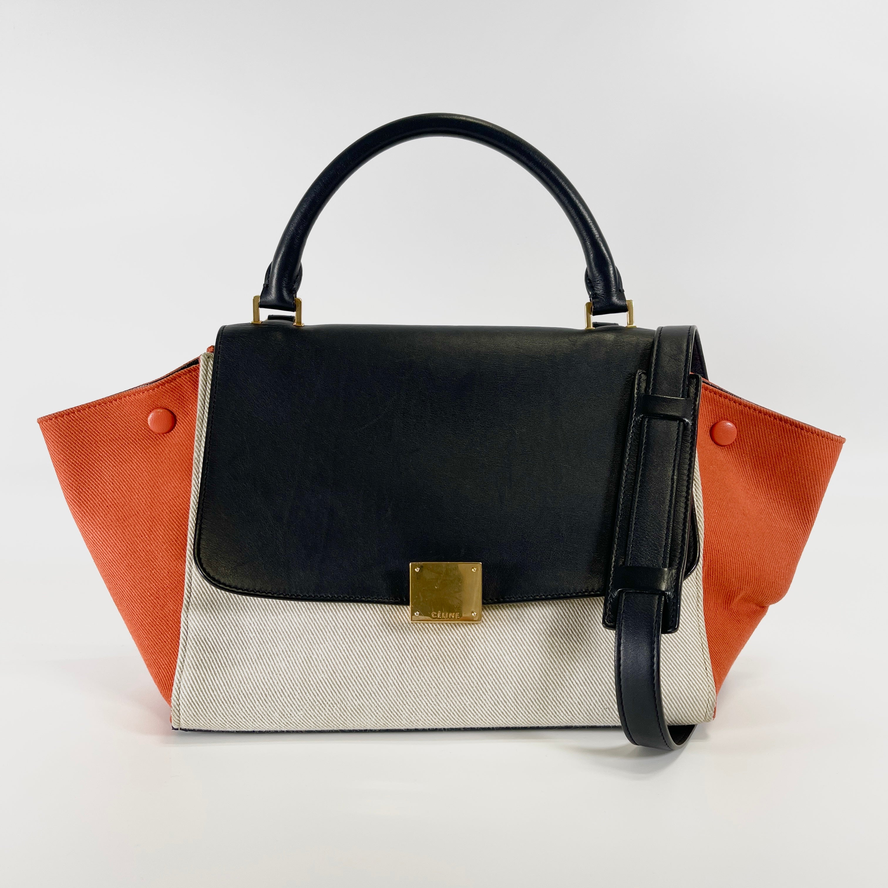 2603 secondhand CELINE Trapeze Small canvas x leather 2WAY hand bag orange black beige