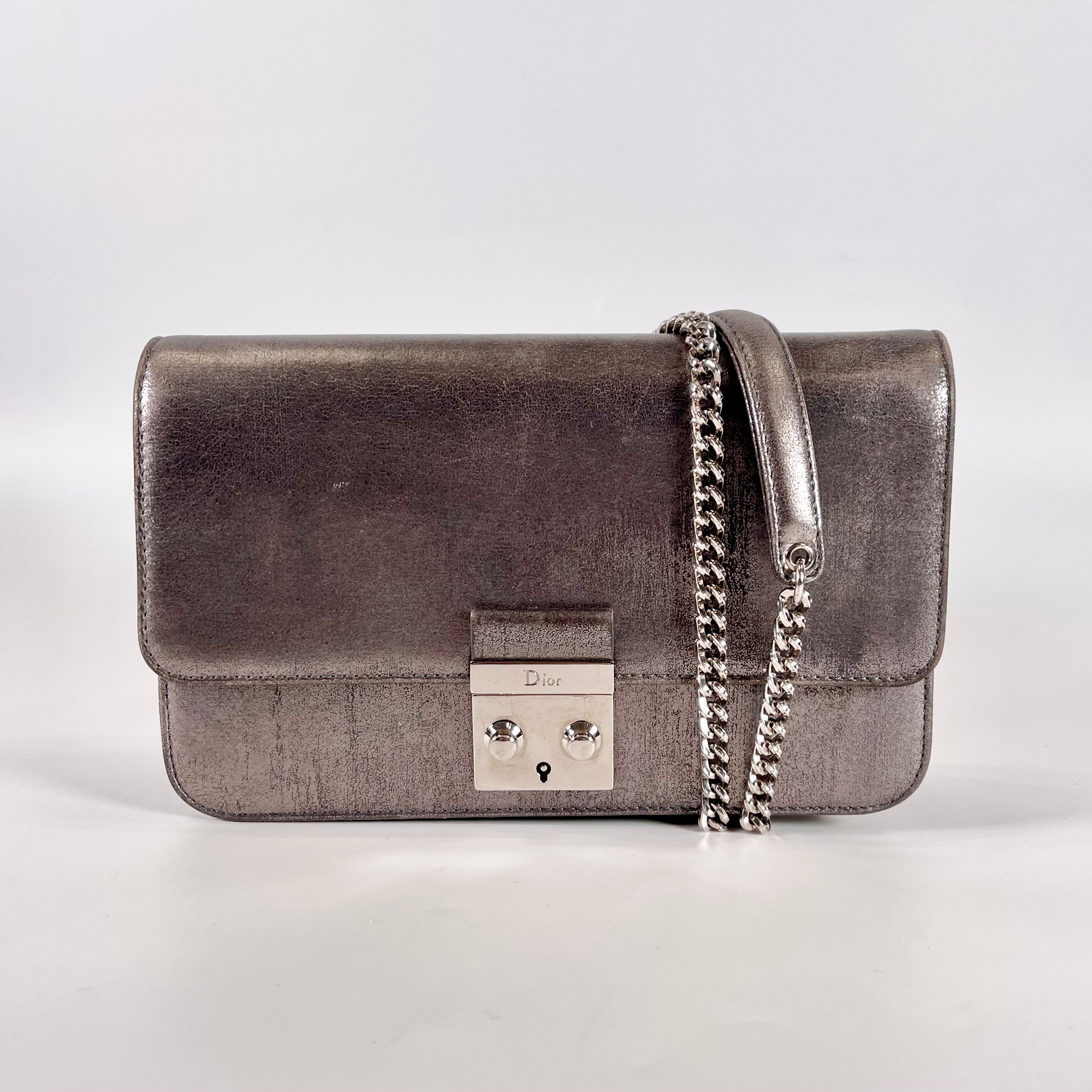 2601 secondhand ChristianDior Padlock Chain Shoulder Bag metallic gray The