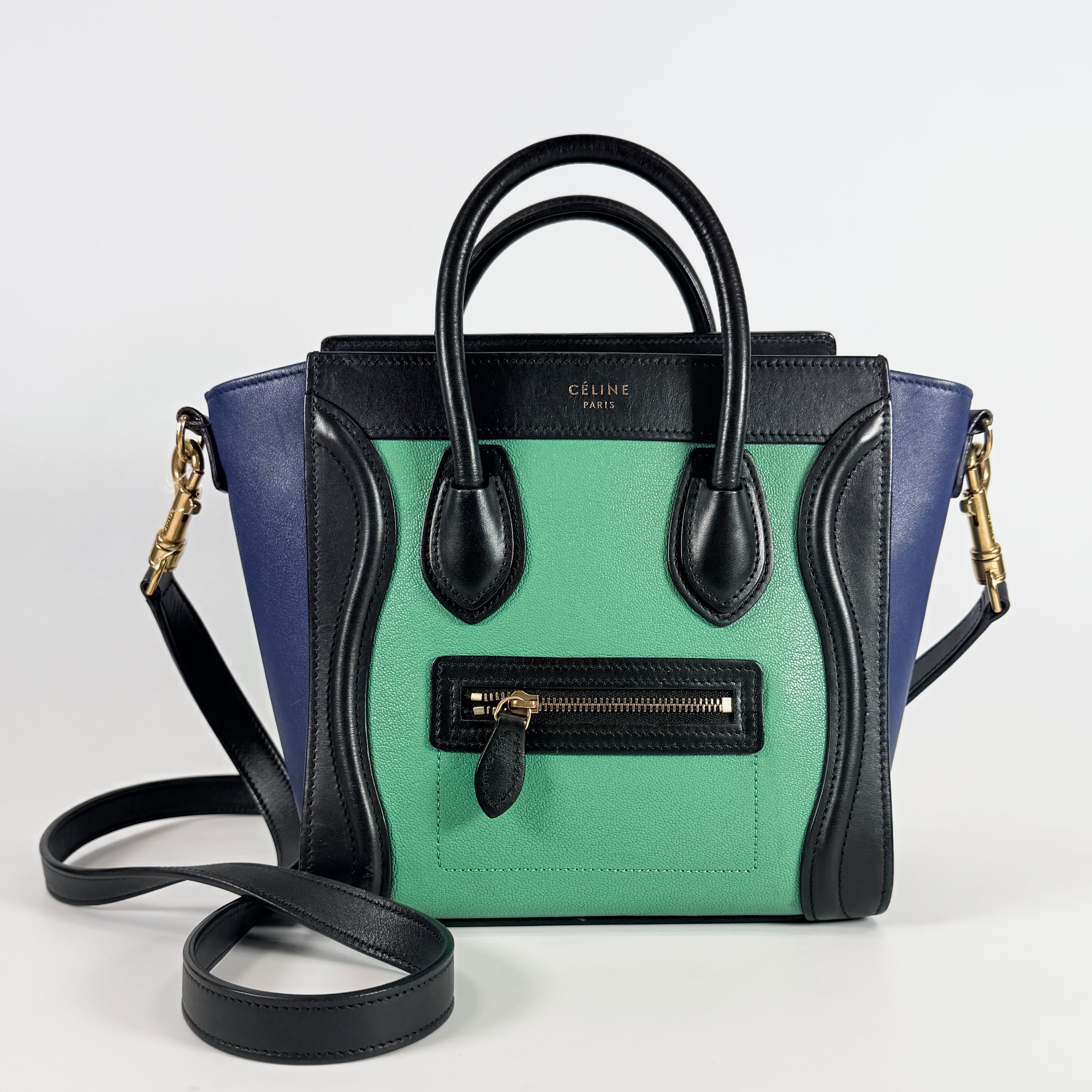 2606 secondhand CELINE leather Luggage Nano Shopper black blue green