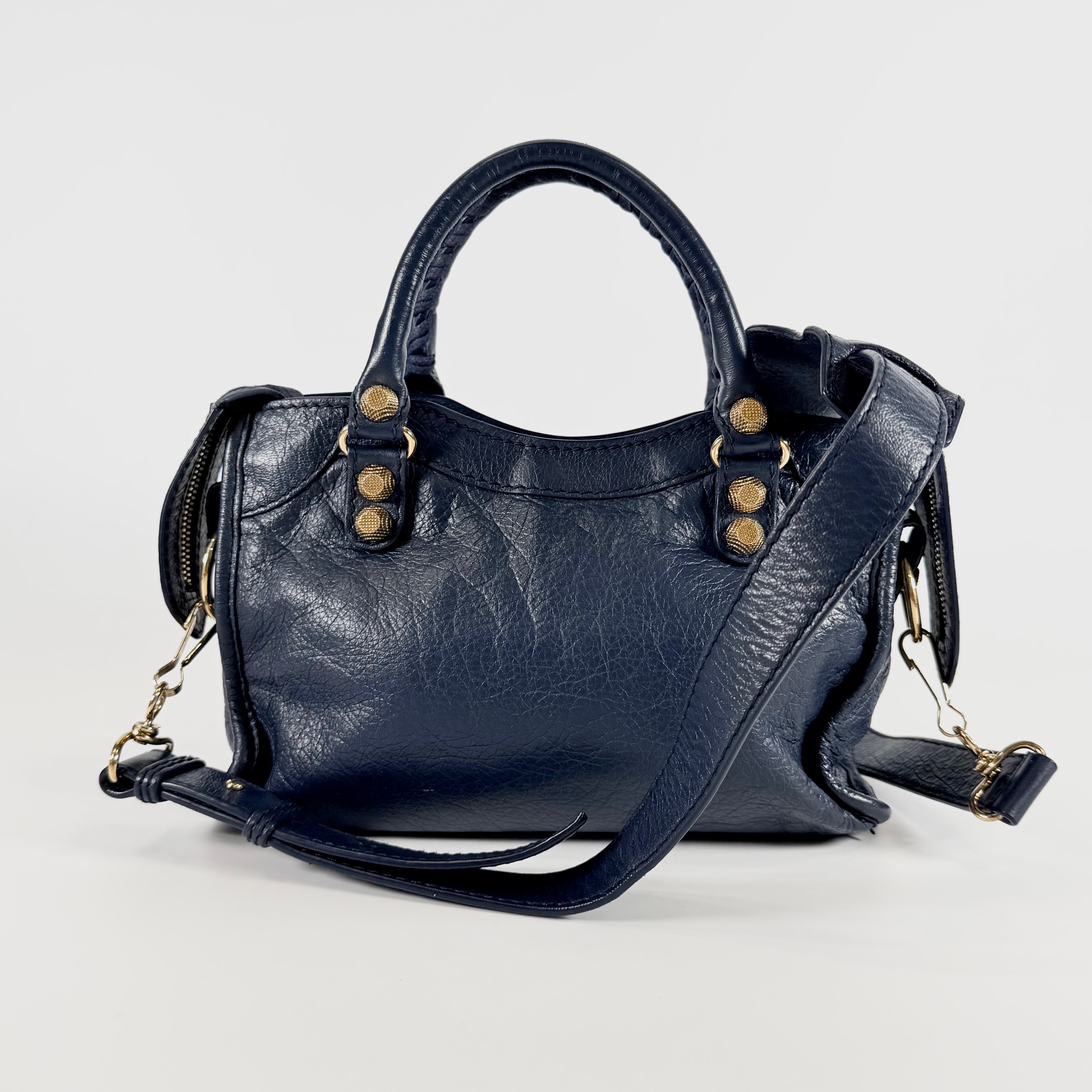 2608 secondhand BALENCIAGA Giant mini City leather 2WAY hand bag Navy 309544 mirror With
