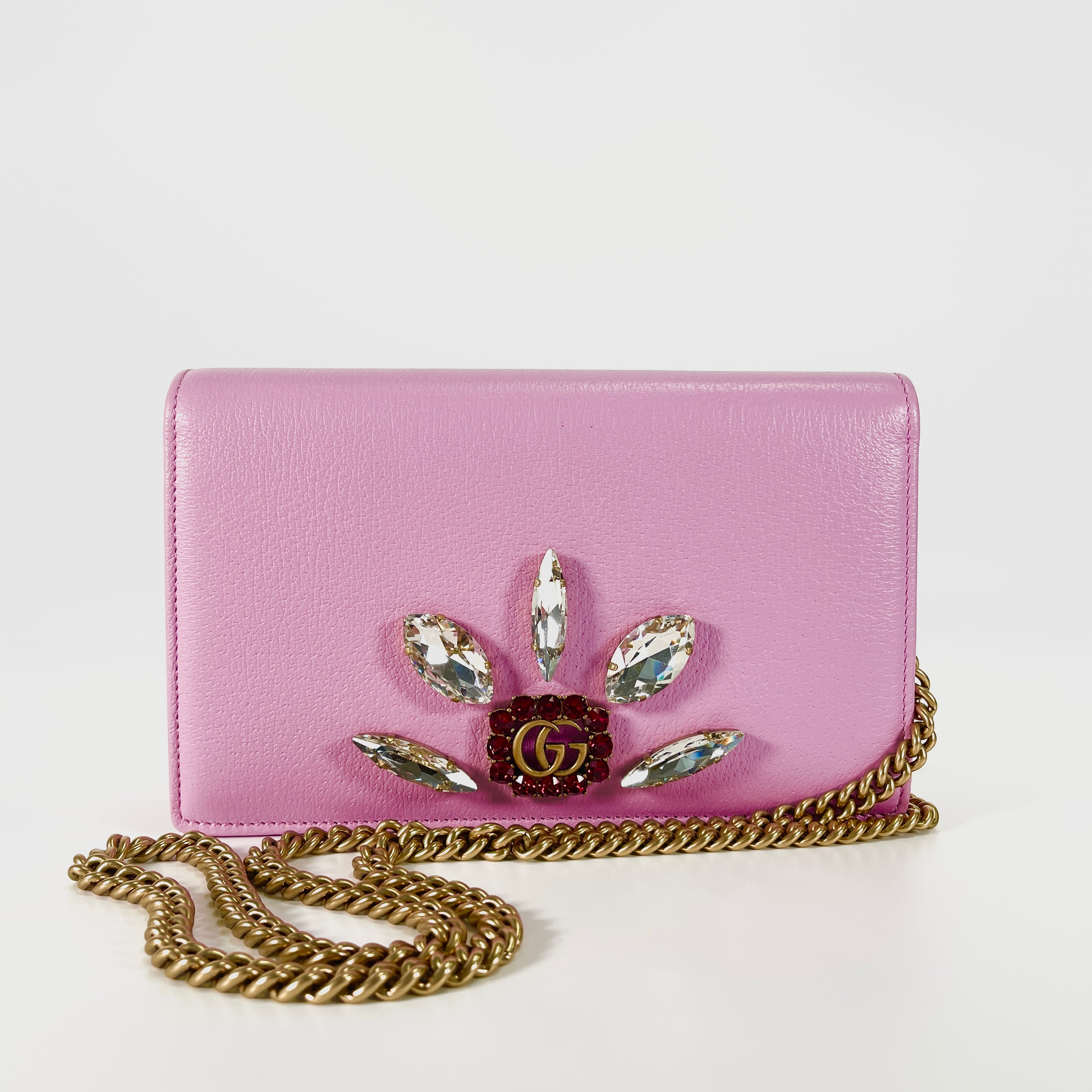 2603 secondhand GUCCI crystal bijou chain 499782 416 leather pink