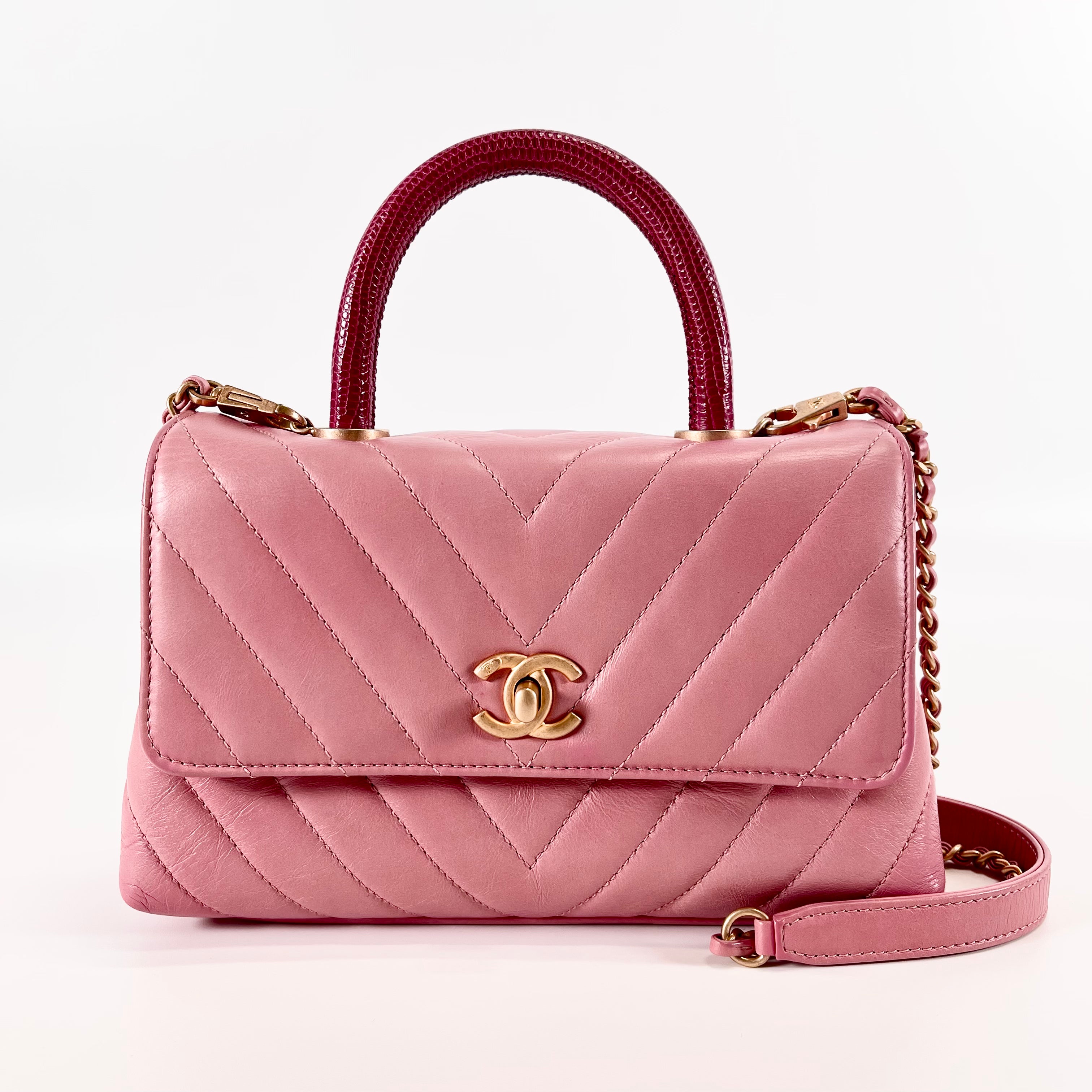 2602 secondhand CHANEL Coco handle XS V stitch calf × Lizard pink GD