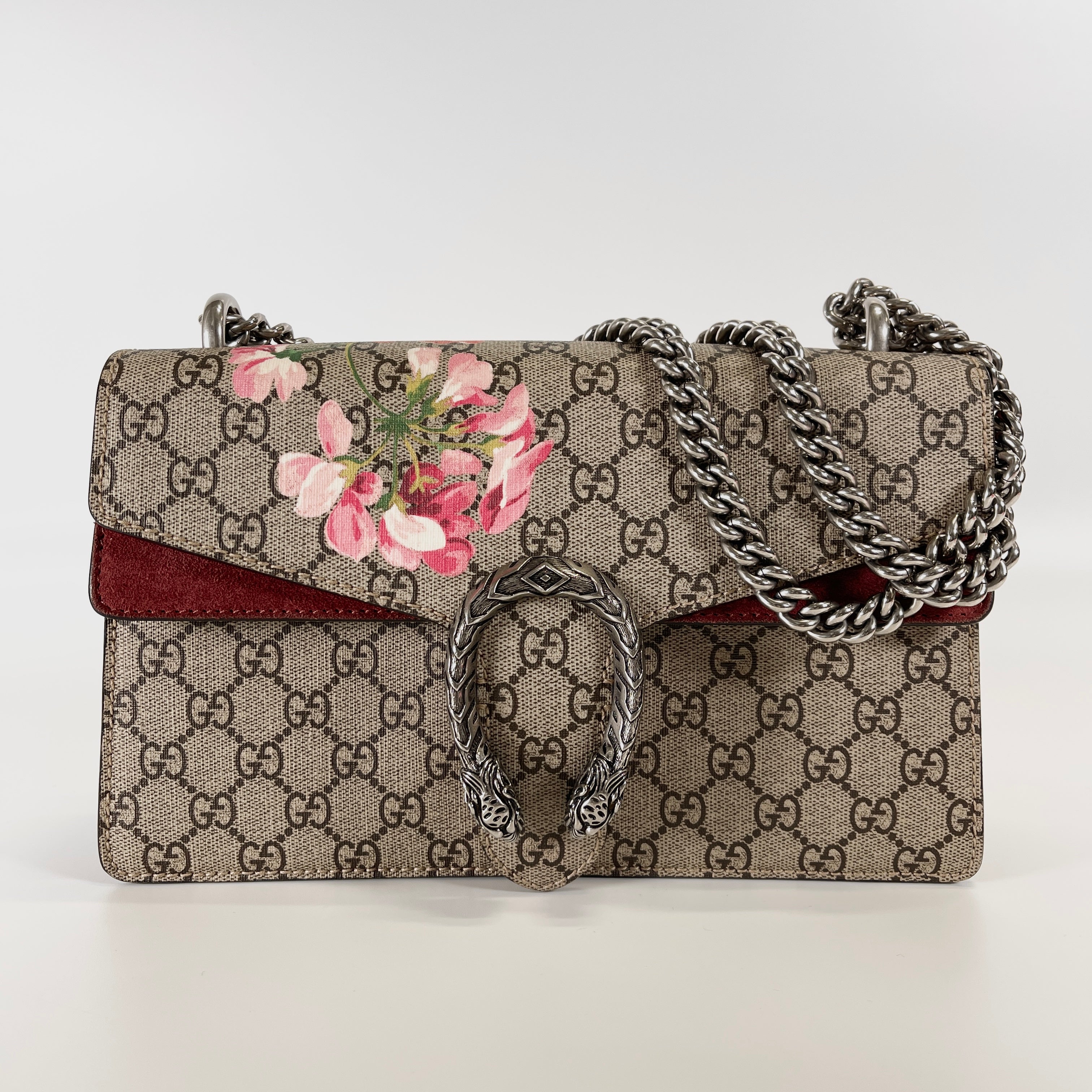 2603 secondhand GUCCI GG Blooms Dionysus PVCx suede Chain Shoulder Bag beige x Red 400249
