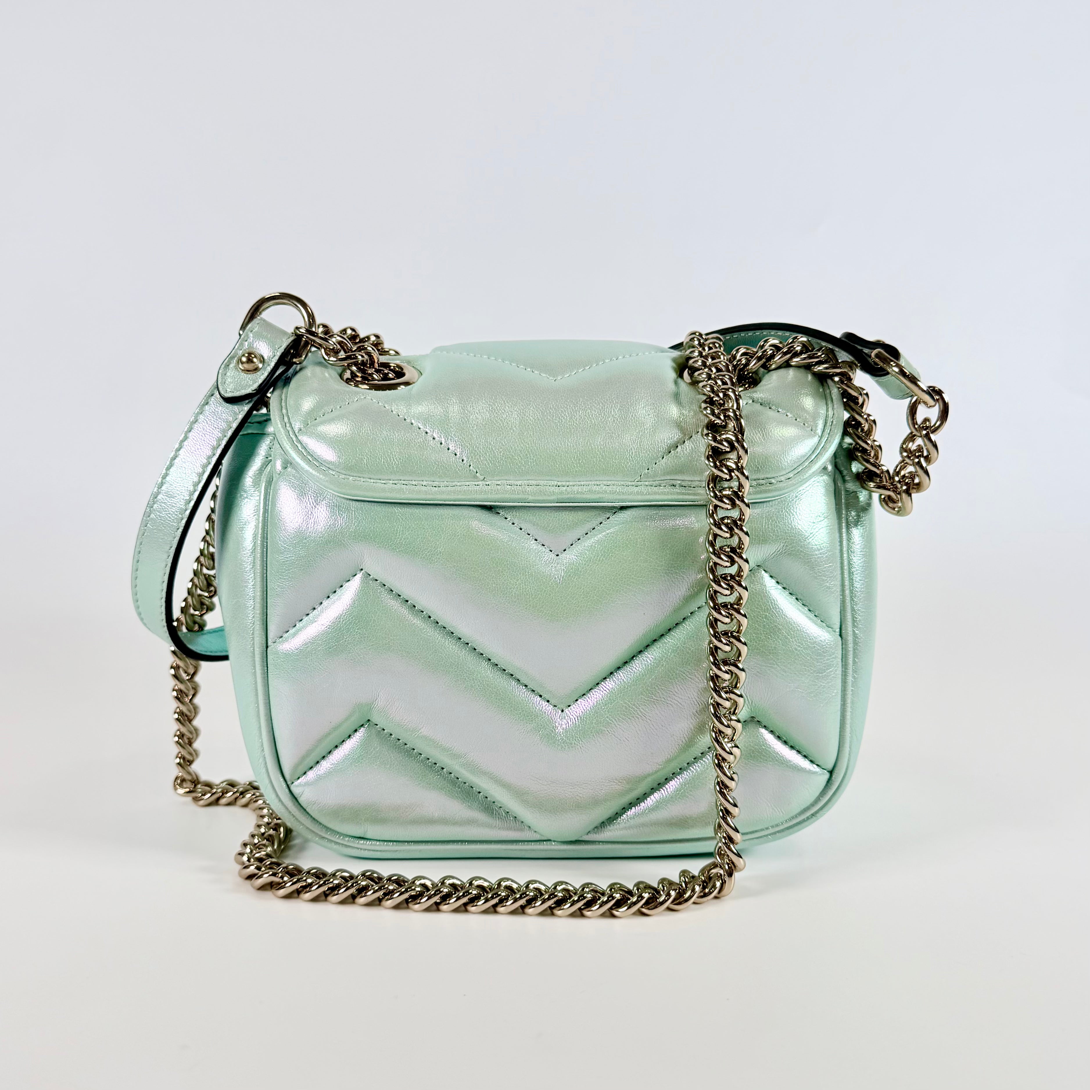 2607 secondhand GUCCI 739682 GG Marmont Chain Shoulder Bag mini green leather