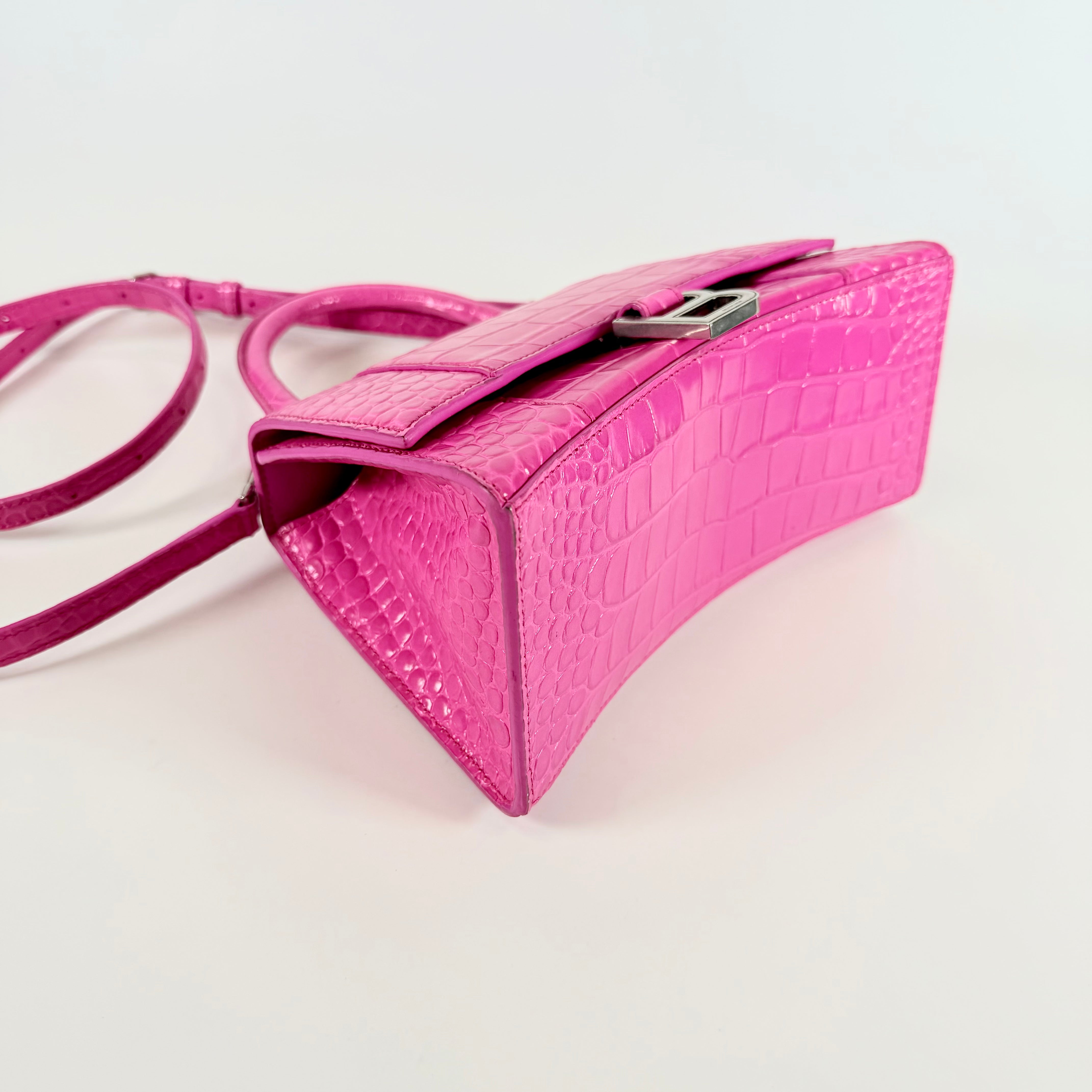 2607 secondhand BALENCIAGA Hourglass 2Way Bag Pink Crocodile Embossed