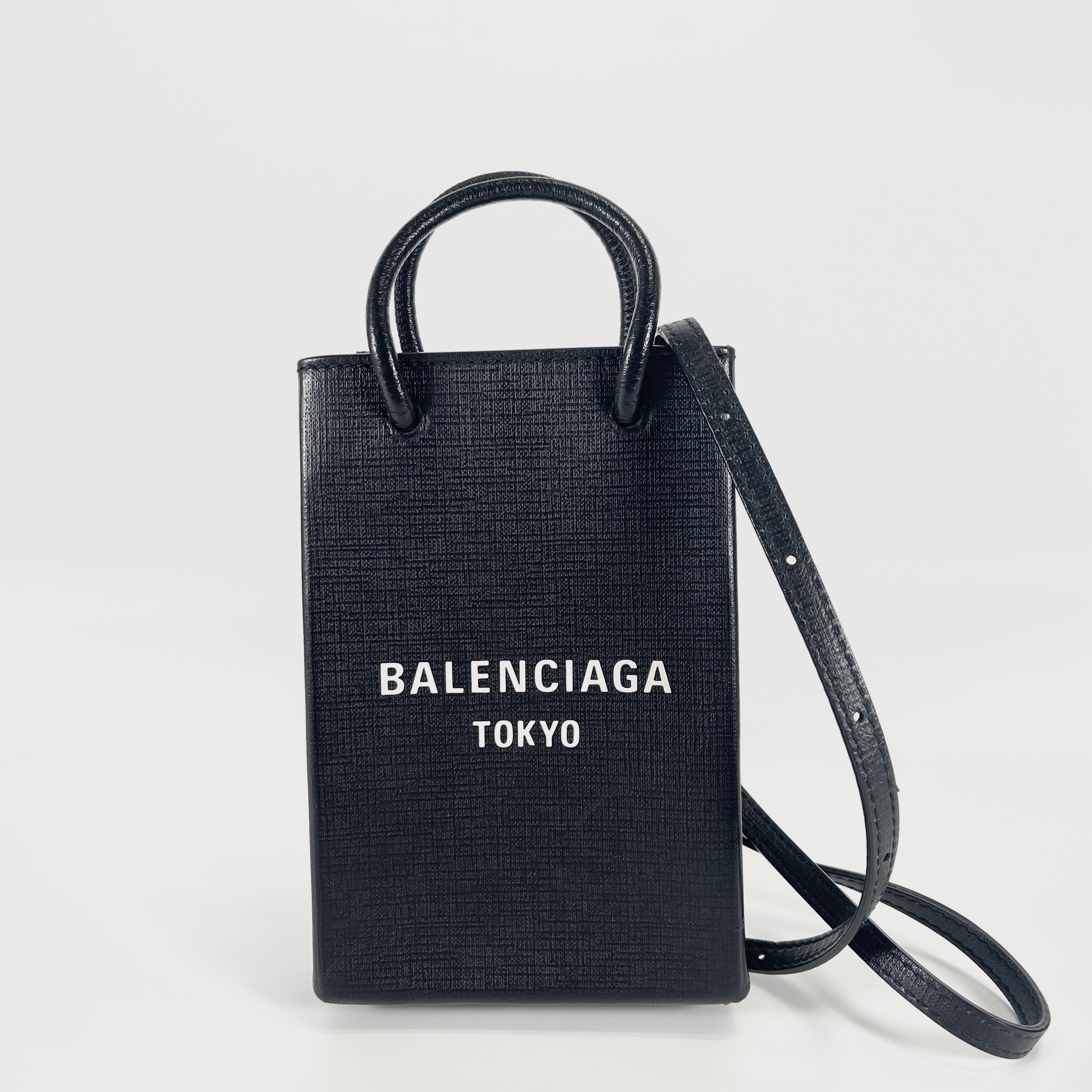 2603 secondhand BALENCIAGA leather shopping phone holder black