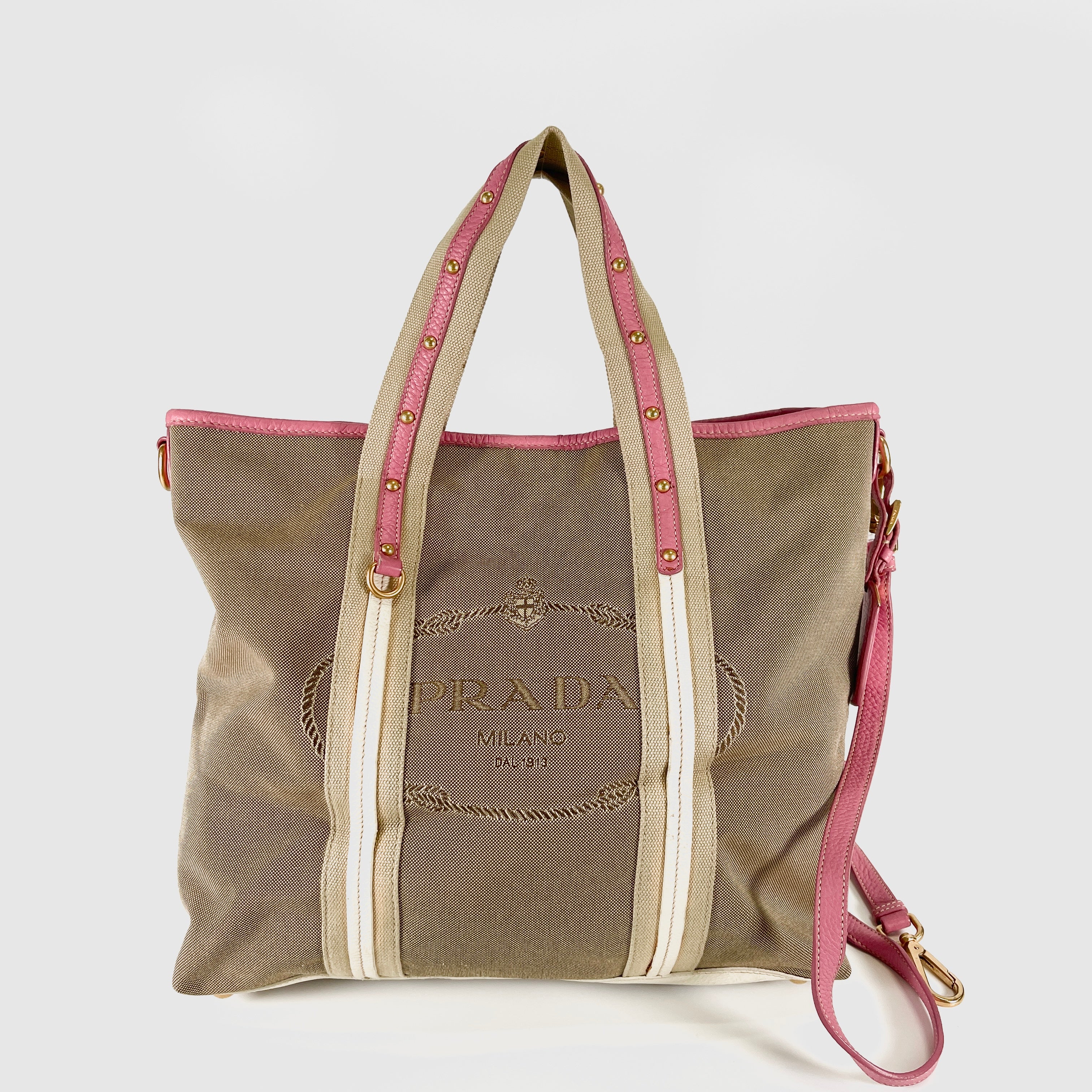 2604 secondhand PRADA brand bag BN1452 LOGO JACQUARD N 2WAY Tote BEGONIA/BIAN card strap Name tag