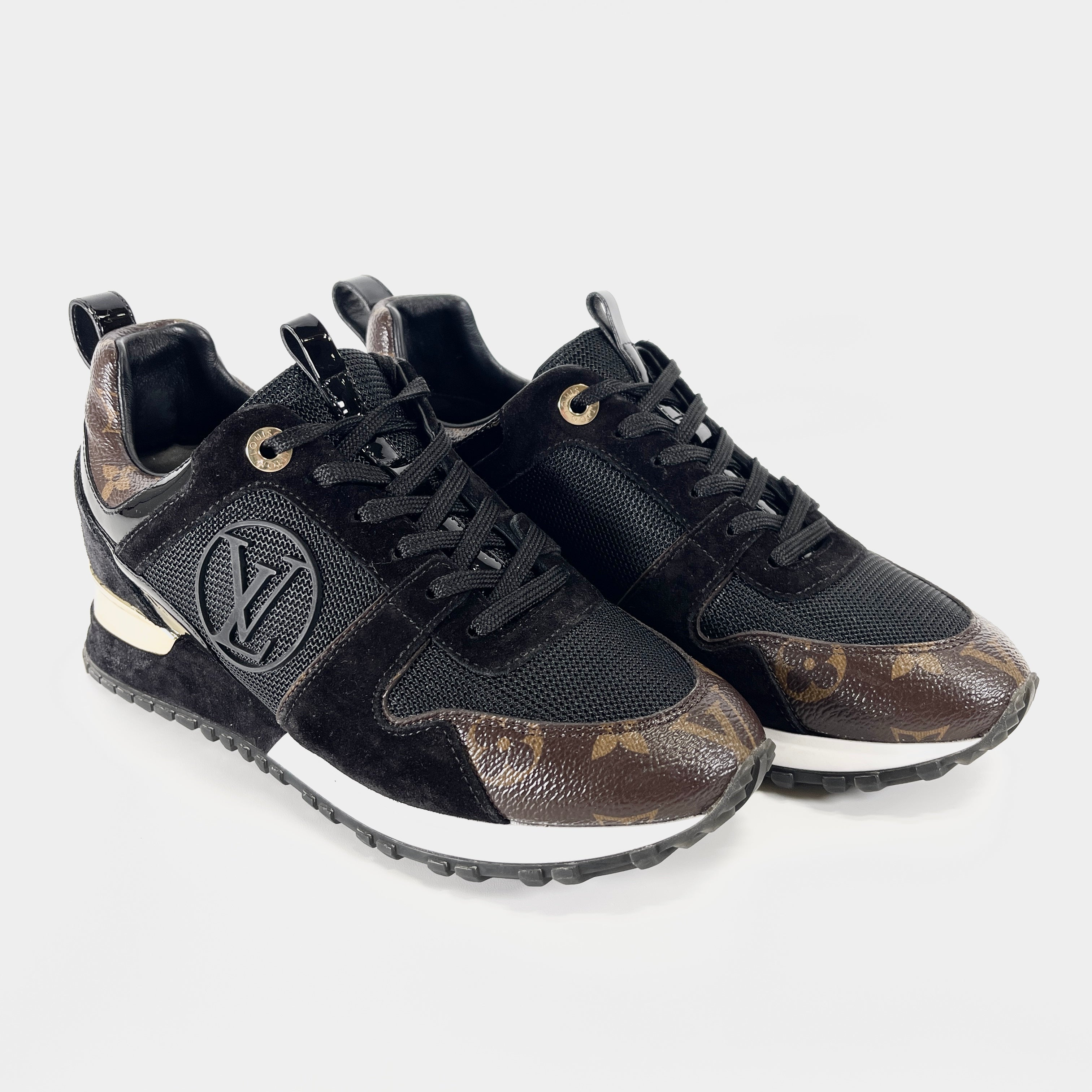 2604 secondhand LV Runaway line 19 year leather × mesh sneakers 35 Women's black Brown MS1109 Monogram