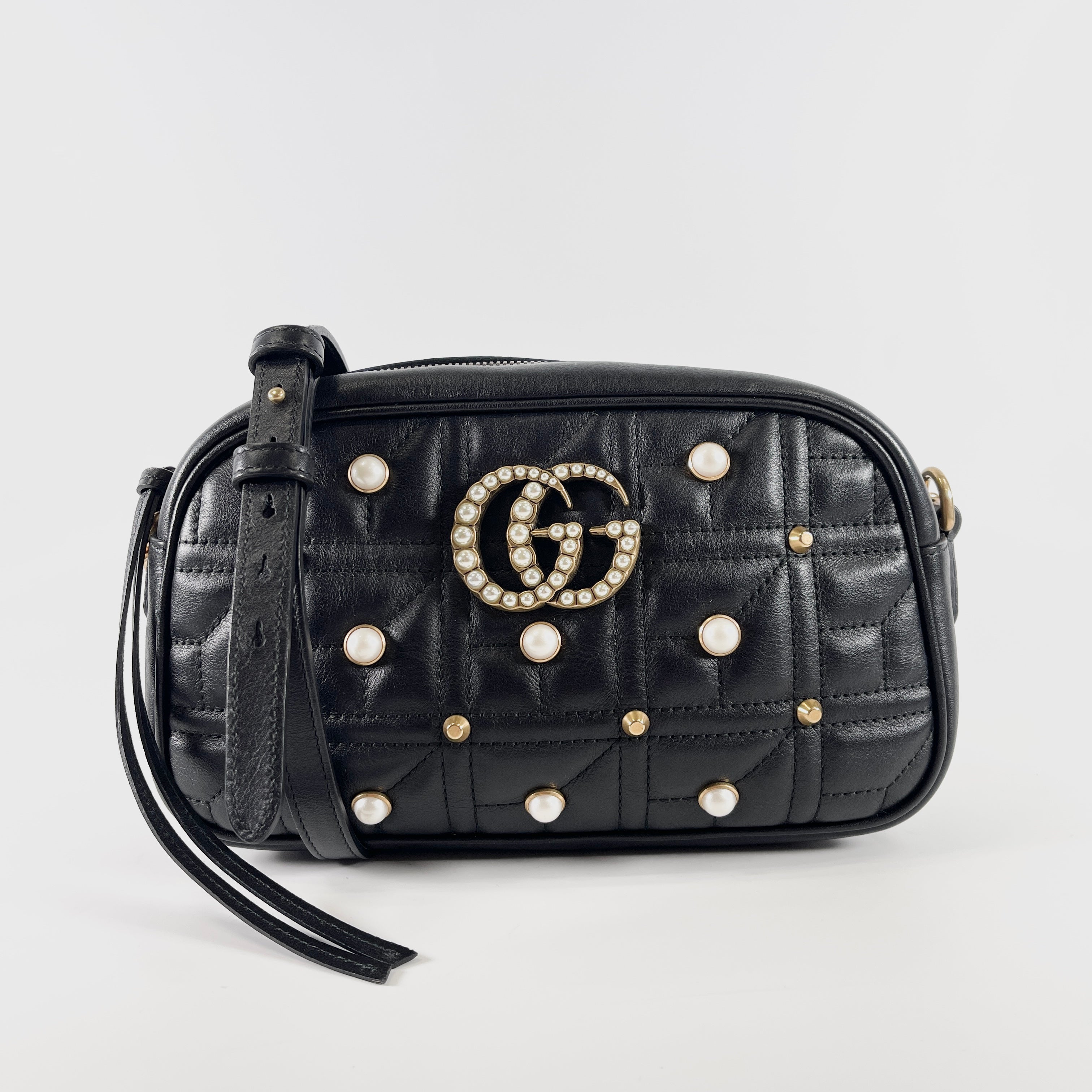 2602 secondhand GUCCI GG Marmont fake Pearl Shoulder bag black 001980 drawstring dust bag
