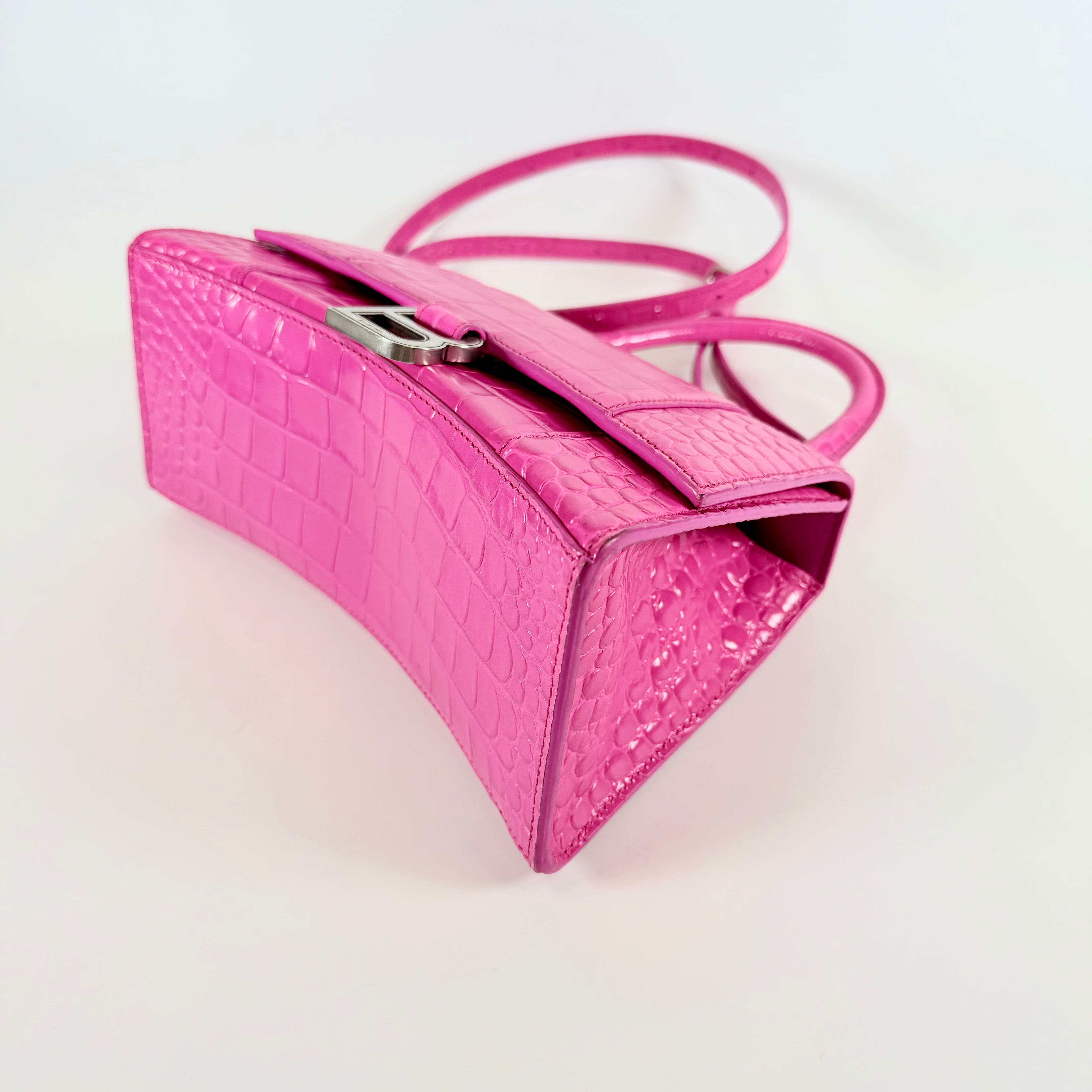 2607 secondhand BALENCIAGA Hourglass 2Way Bag Pink Crocodile Embossed
