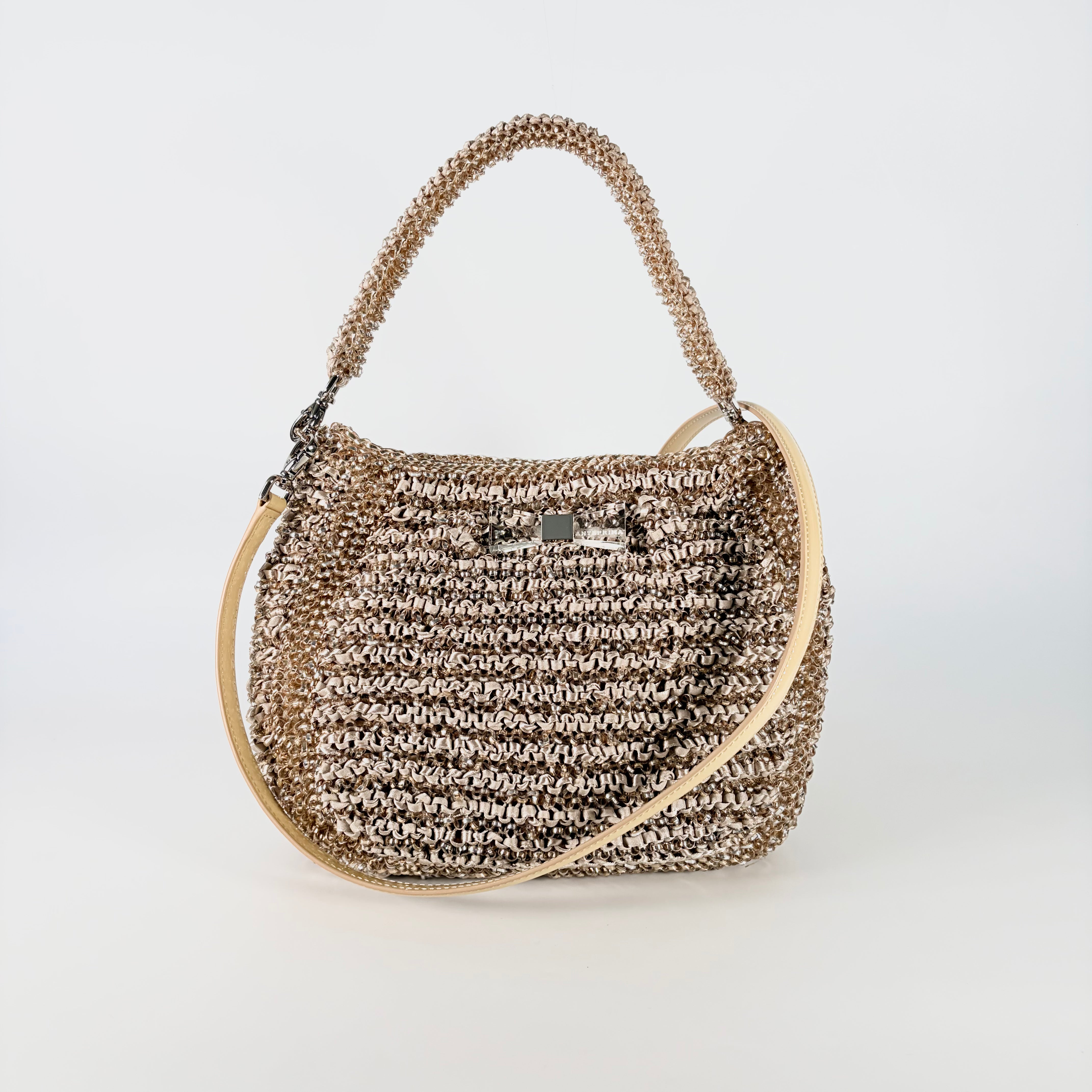 2605 secondhand ribbon 2WAY Wire bag beige gold