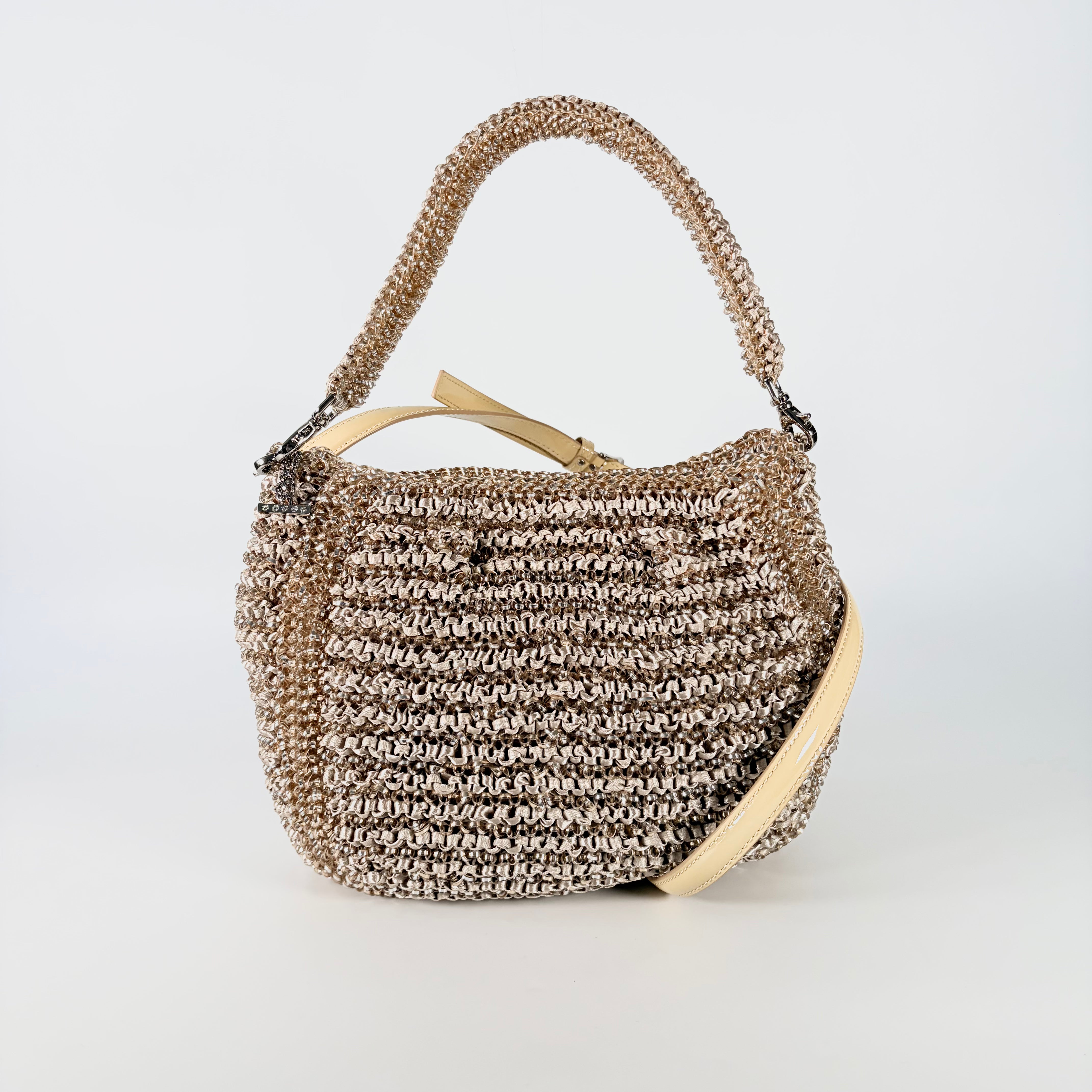 2605 secondhand ribbon 2WAY Wire bag beige gold